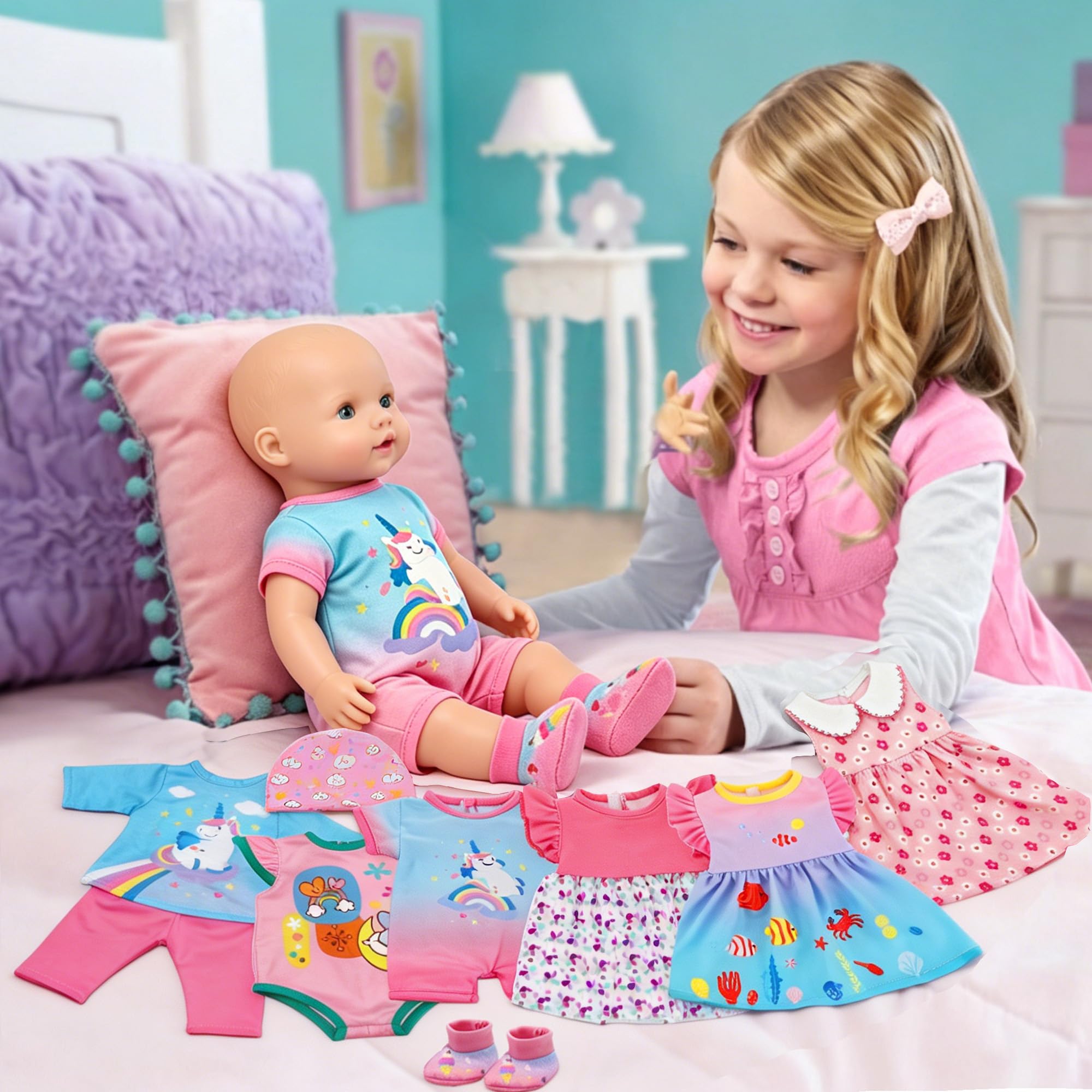 6 Set Baby Doll Kleidung und Zubehör Set für 13-16 Zoll Puppen enthalten Kleid Outfits Hut Socken Strampler (keine Puppe)
