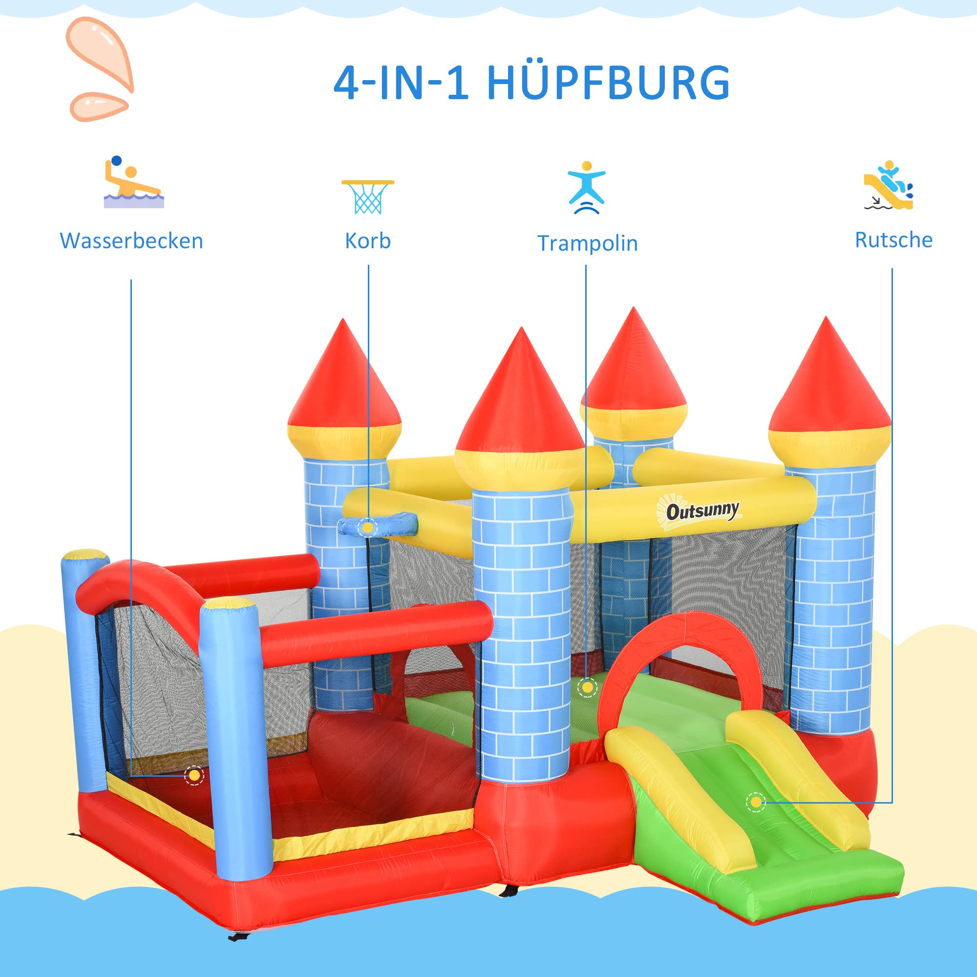 Outsunny Hüpfburg mit Gebläse Aufblasbare Kinderhüpfburg 280 x 260 x 210 cm | Für Kinder 3-8 Jahre, Spielburg mit Rutsche Basketballkorb Trampolin Pool Planschbecken, Spielplatz für Indoor und Outdoor
