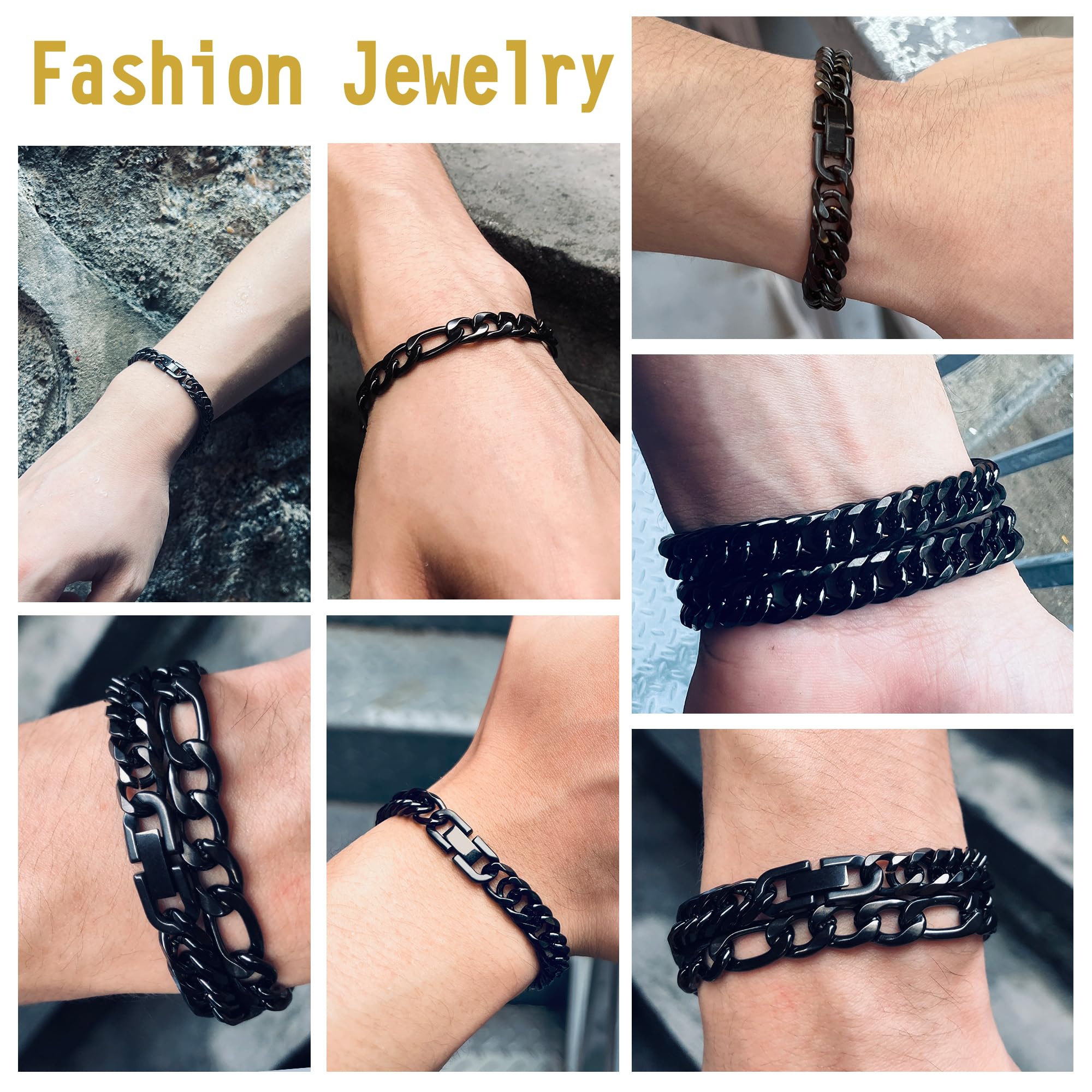 Männerschmuck Edelstahl Kette Geschenk für Männer, 2PCS kubanischer Link Figaro Armband, Robuste 316L Edelstahl kubanische Link Kette für Männer Schmuck Set, 18/21/23 cm