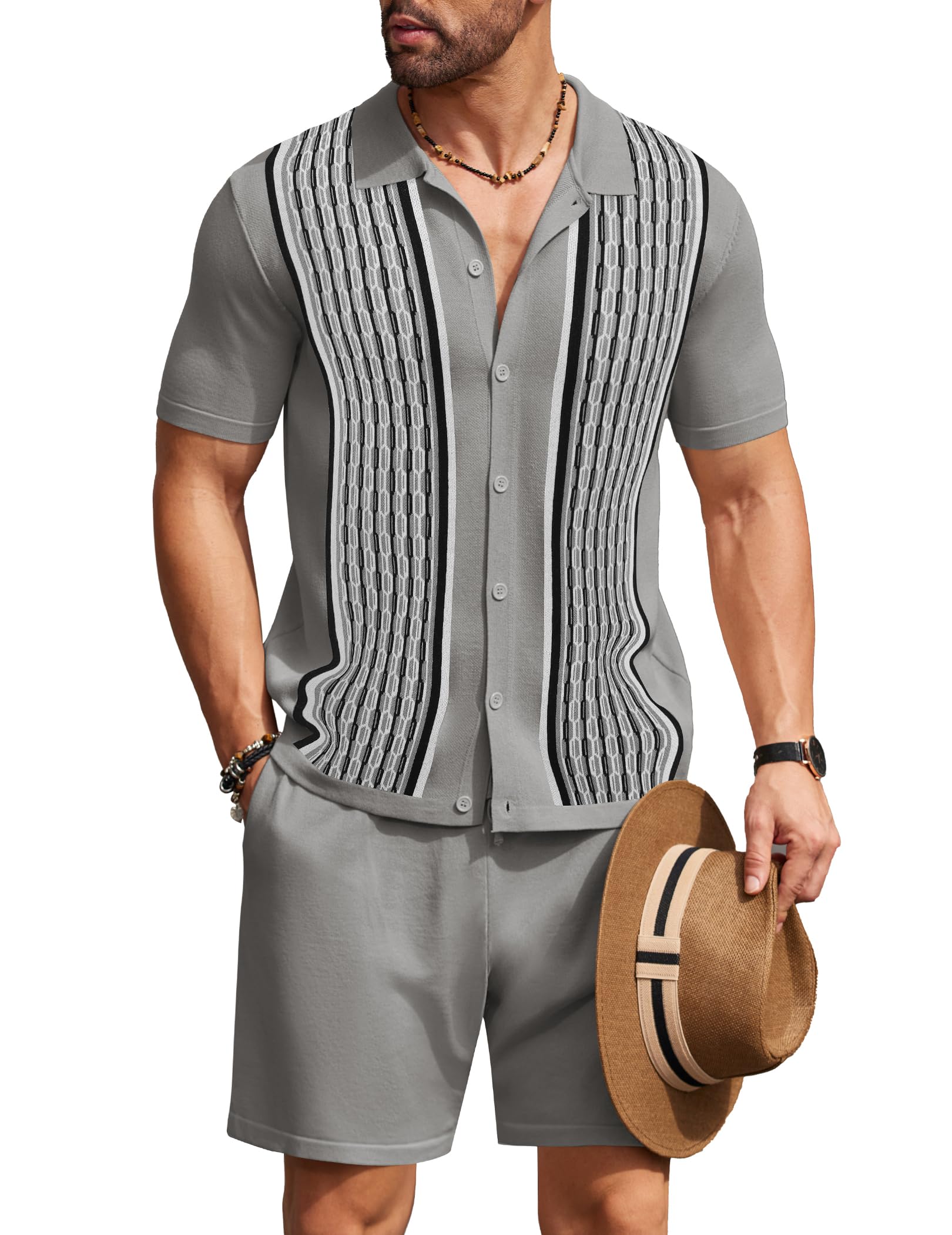 COOFANDYMen's 2 Piece Outfit Vintage Short Sleeve Button Down Knit Polo Shirts Casual Beach Shorts Sets