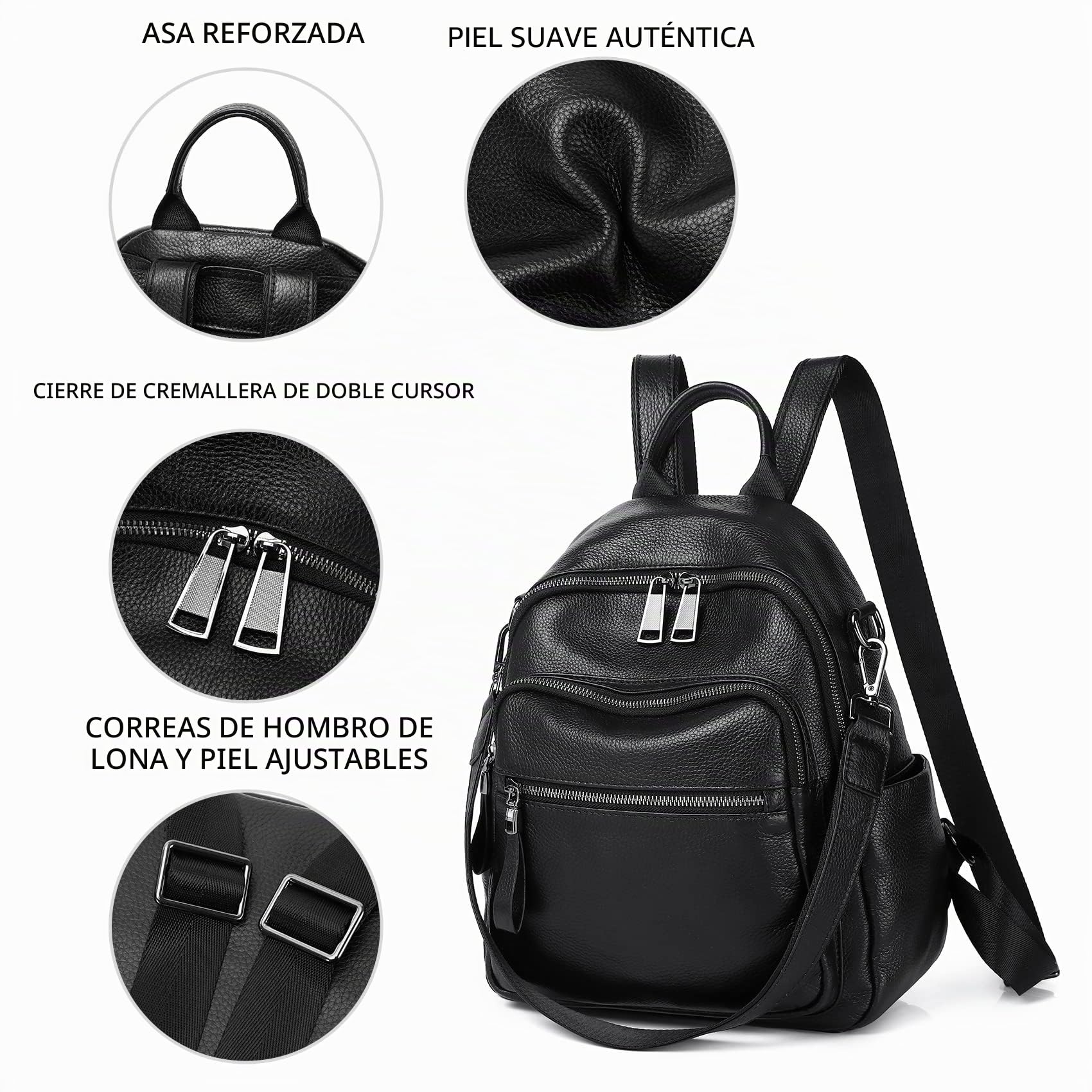 Mochila de piel auténtica para mujer, bolsa de hombro convertible para laptop