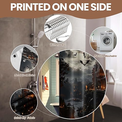 Miniatura 6 de Cortina de ducha de castillo, espeluznante y aterradora, juego de decoración de baño de murciélago gótico negro y dorado, tela impermeable con