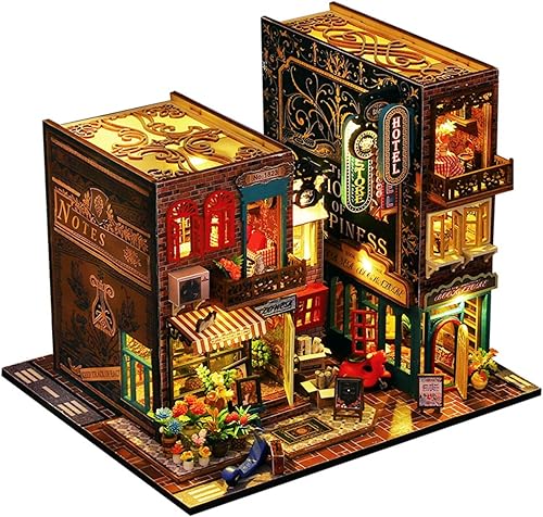 Kit de rincón de libros de bricolaje, kit de casa de muñecas en miniatura con muebles y luz LED, rompecabezas 3D de madera para libros, kits de