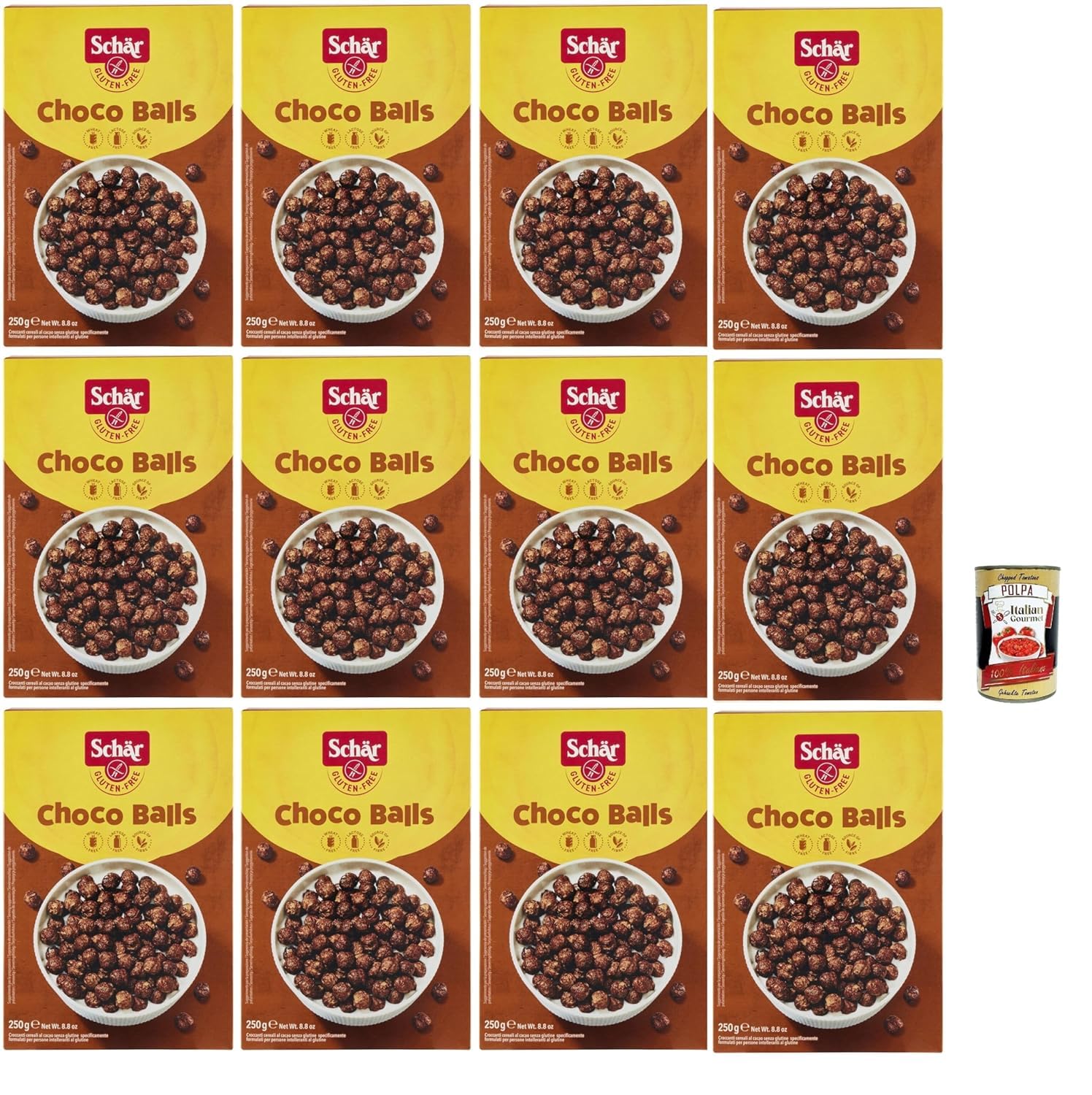 Italian Gourmet Bundle Choco Balls 12x 250g + Italian Gourmet Polpa – Glutenfreie Schoko Cerealien, Kakao Frühstücksbällchen, knusprige Cereal Balls Vorratspack