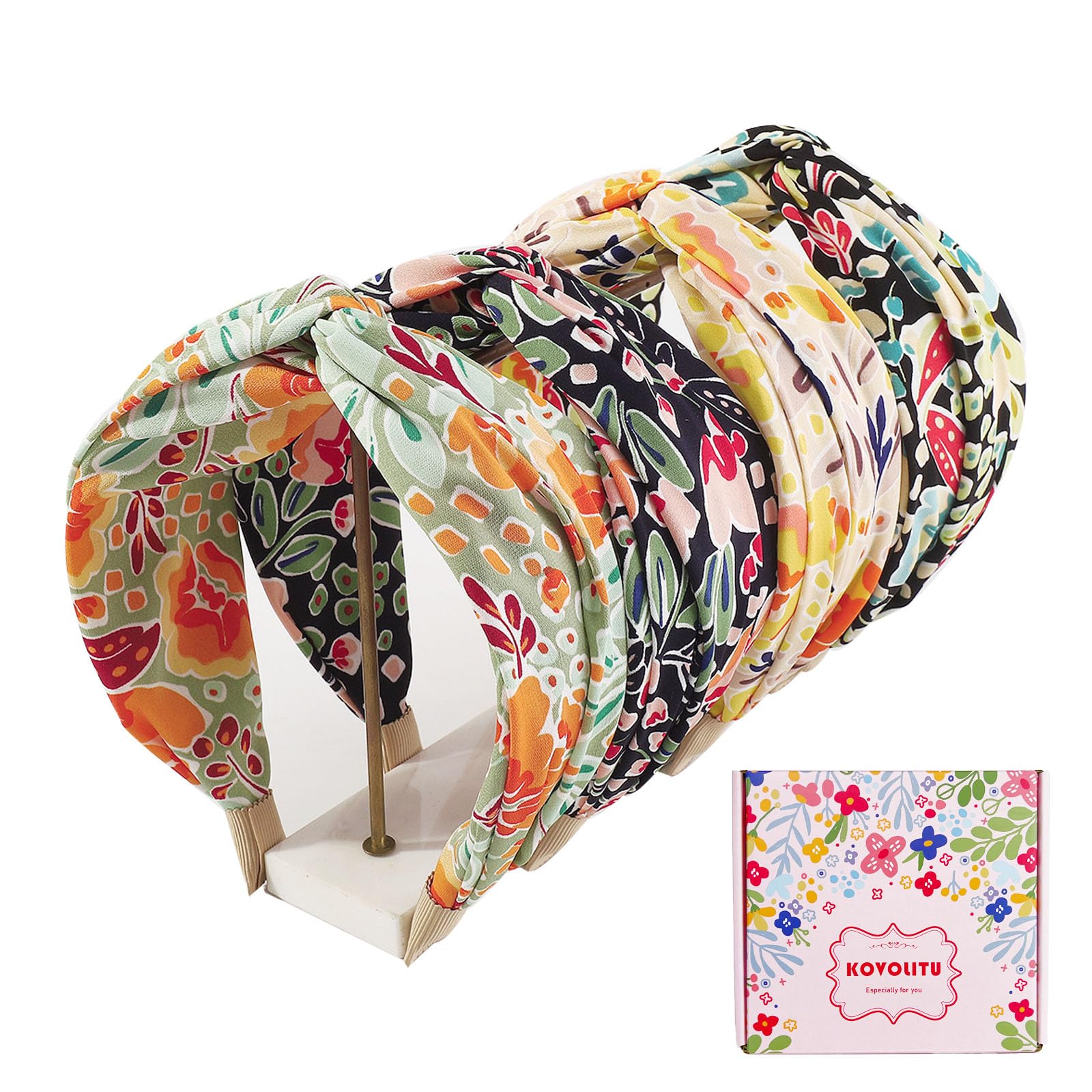 4 Pack Floral Printed Headbands Wide Cross Knot Headbands for Women Knotted Fashion Hair Bands-Classic