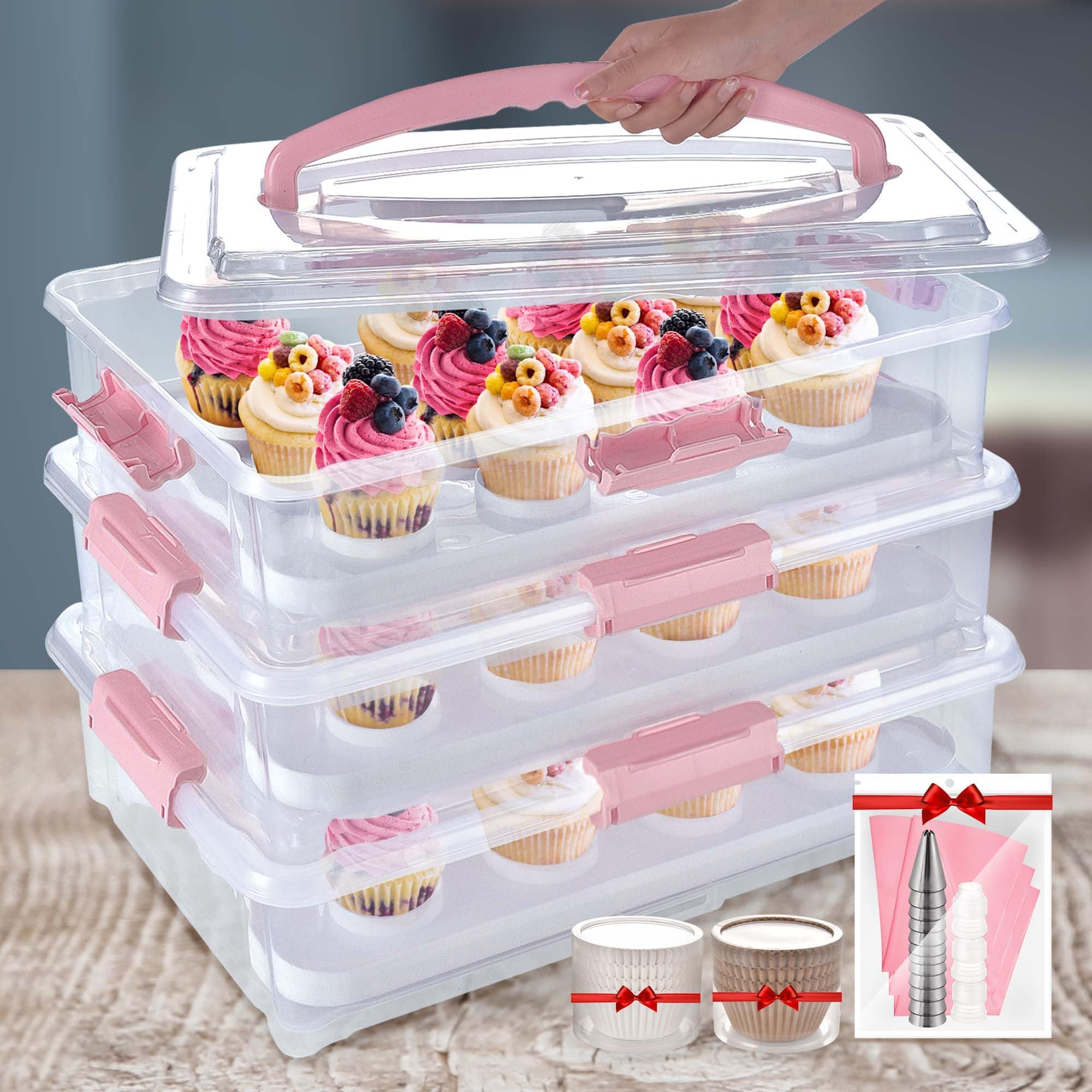 ARC 3-tiers Cupcake Carrier (Pink) - Cupcake Holder and Cake Transport Container that Holds up to 36 Cupcakes or 3 Large Cakes - BPA-Free, Great for Parties & Festivals
