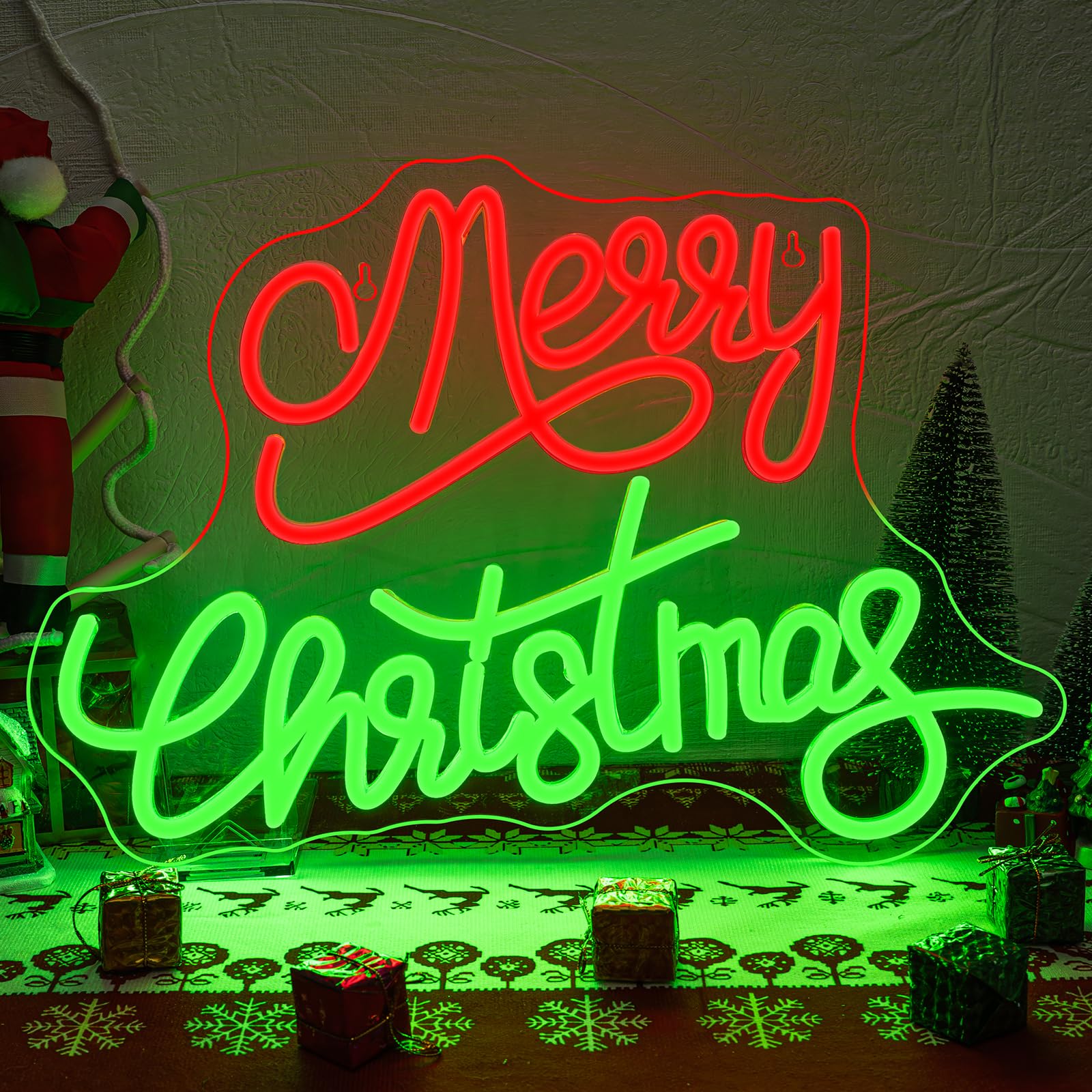 Merry Christmas Neon Schild Rot&Grün Buchstaben Weihnachten Neon Lichter Merry Christmas Dimmbare Acryl Neon Licht mit Schalter Neuheit Beleuchtung für Wand Dekor