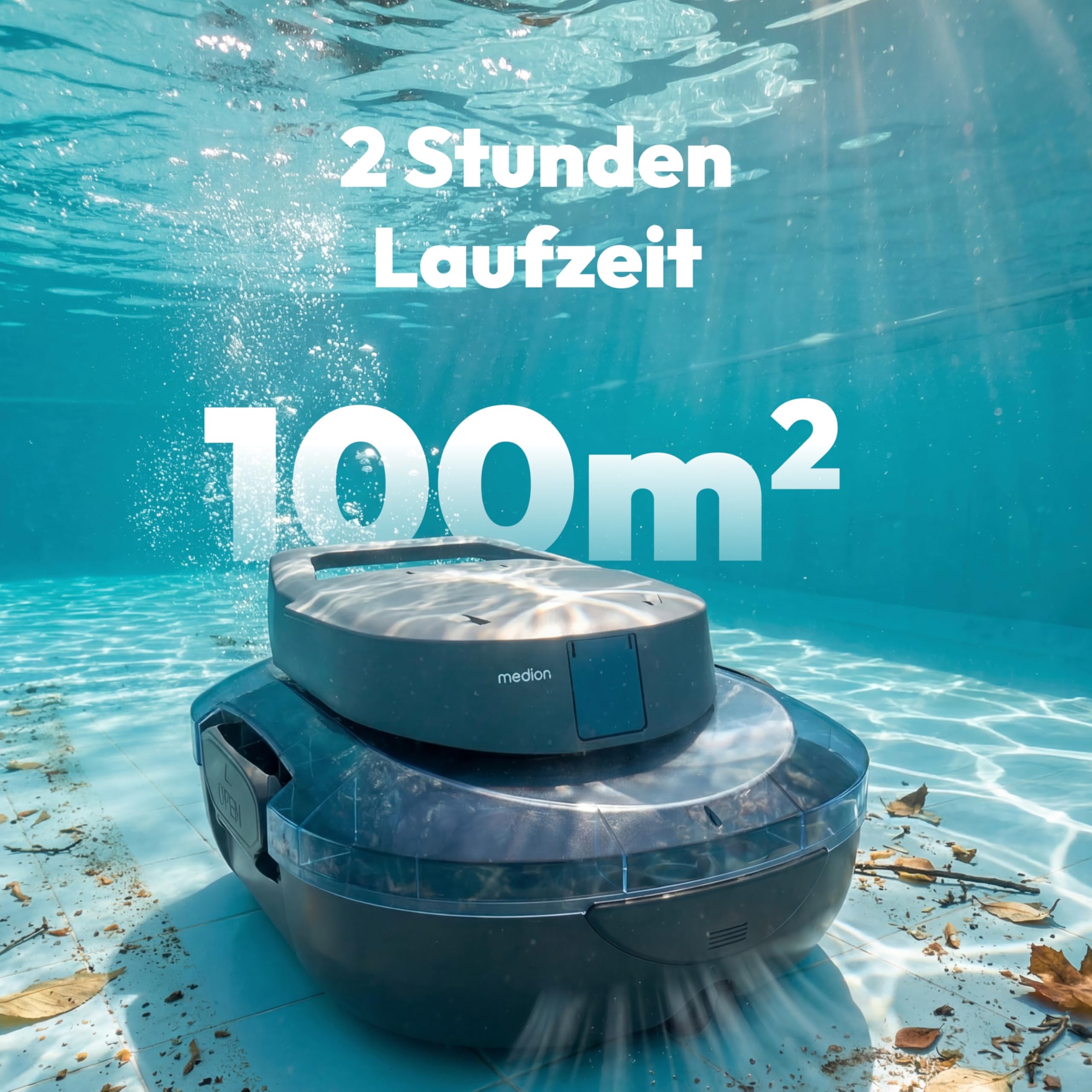 MEDION PR1 Poolroboter Akku, für Aufstellpool, Bodenreinigung für Pools, One-Click-Bedienung, Selbstparkfunktion, 120 Min Akkulaufzeit, 2,2 L Filterkapazität, für 80–100 m², inkl. Ladegerät & Haken