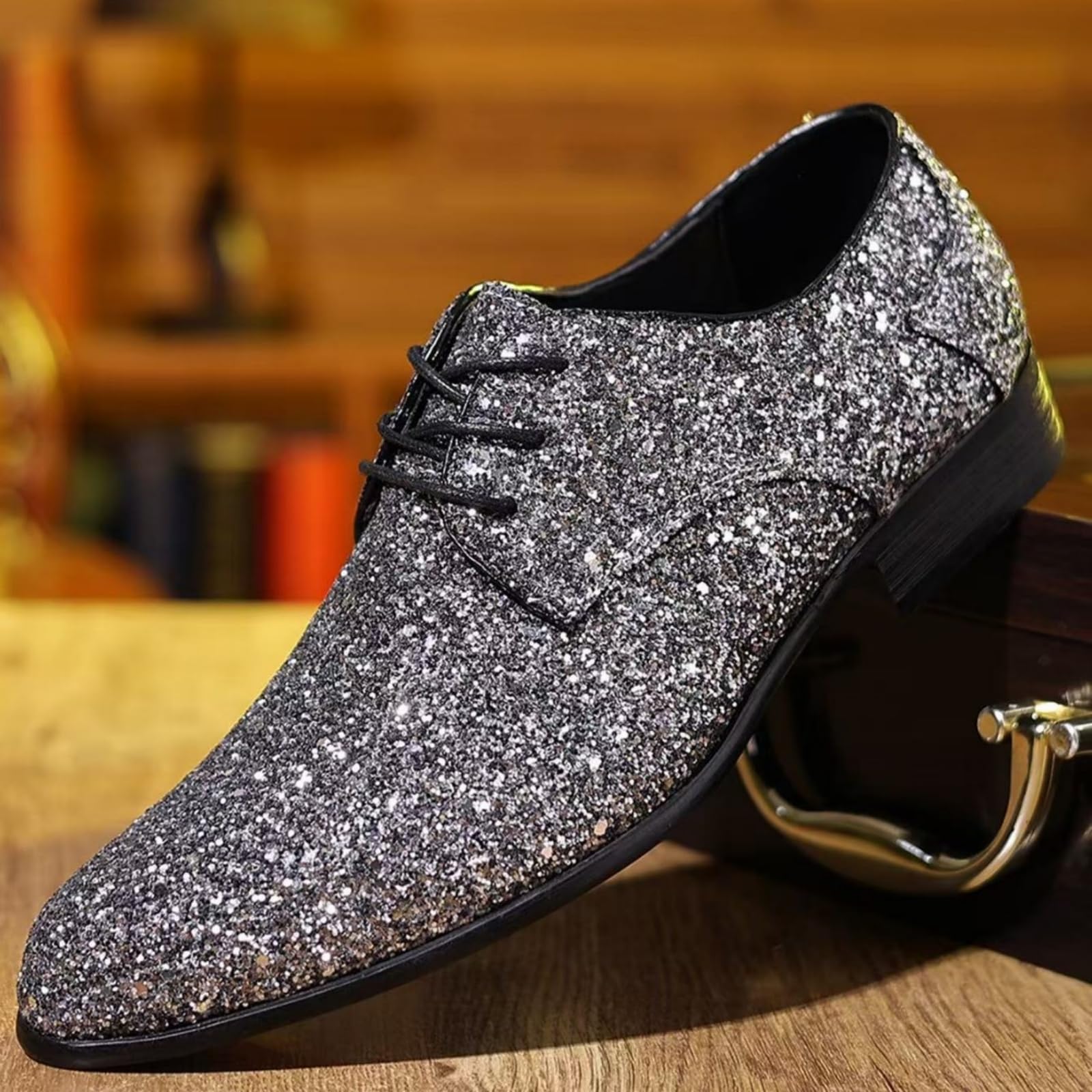 Hixingo Chaussures Habillées Oxford en Paillettes pour Homme, Chaussures Ville Homme 39-48 EU Derby Masculin Basse Business en Sequins Confortable Antidérapantes pour Disco, Officiel