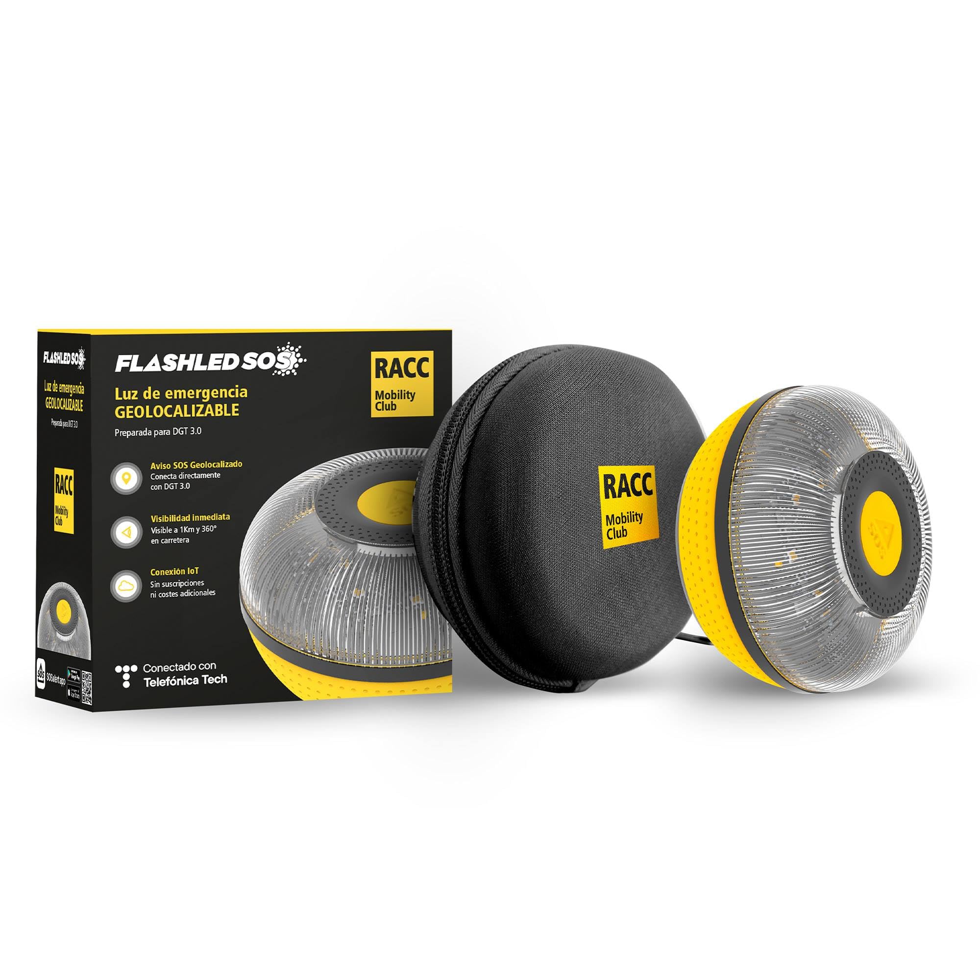 RACC Luz Emergencia Coche V16 Incluye Asistencia en Carretera, Homologada DGT con Geolocalización, Luz avería Coche [Visibilidad 1 Km] Baliza V16 con GPS y Base Imantada, SIM, baliza IoT