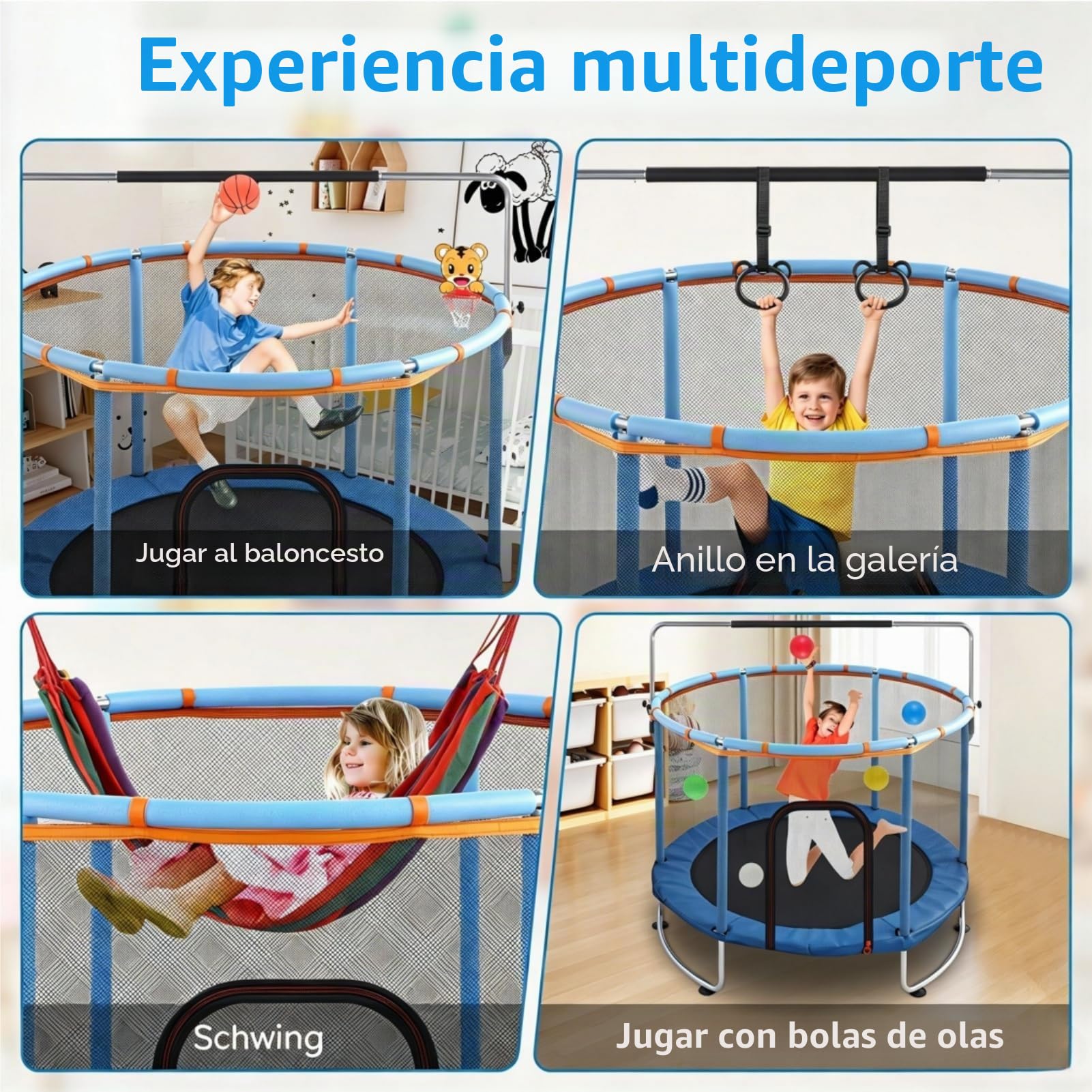 150cm Cama Elastica Niños Exterior, Multifuncional 5 en 1 Trampolin con Columpio, Aro de Baloncesto, Anillas, Red Seguridad y Ventosas Antideslizantes, Altura Ajustable para Niños 2 a 9 Años