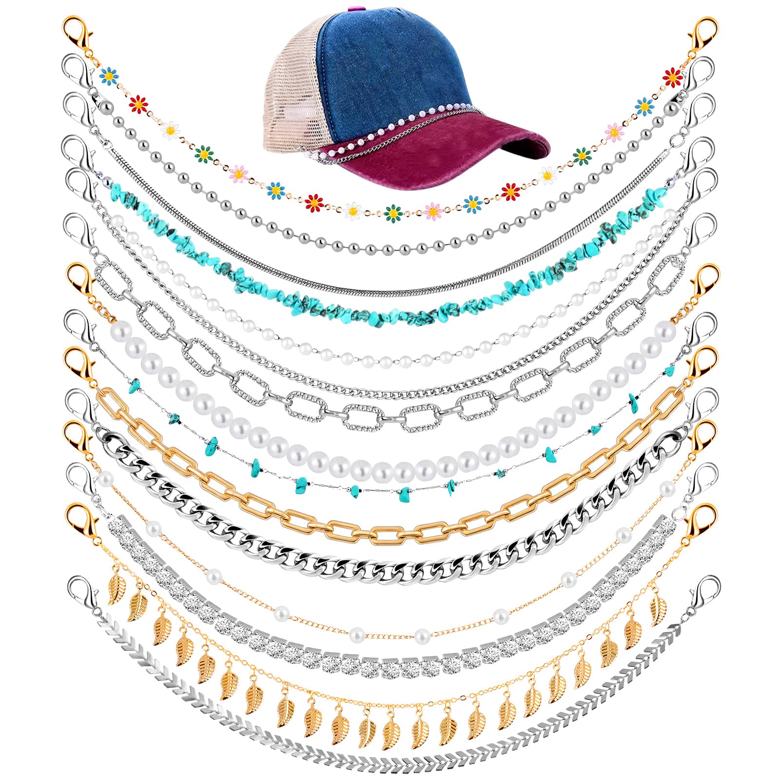 14 Pcs Trucker Hat Chains, Bulk Trucket Hat Charms Chains for Women Men, Bill Decoration DIY Metal/Turquoise/Pearl/Flower Chains Charms for Mesh Baseball Cap Trucker Hat