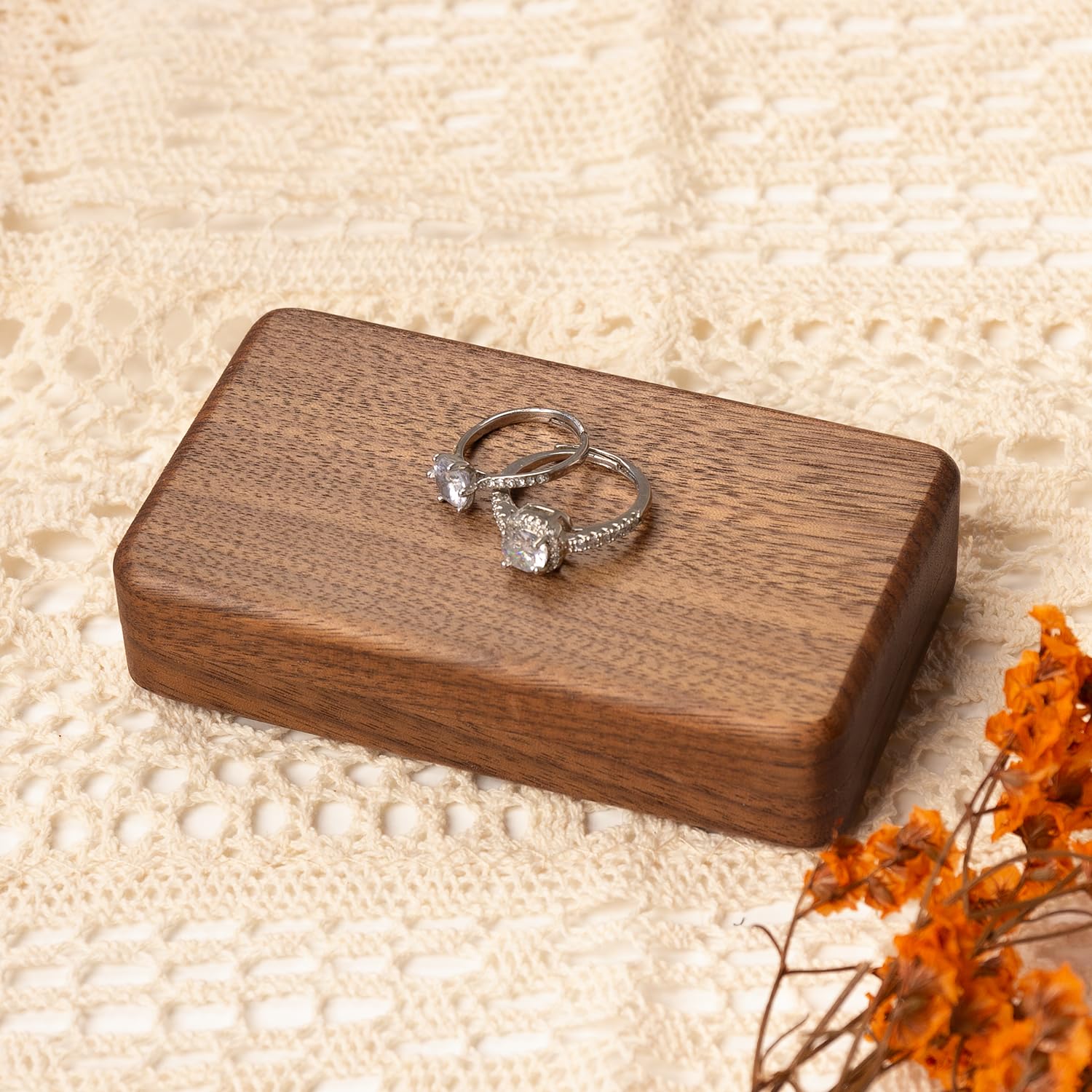 Wislist Ring Box for Wedding Ceremony Slim 2 Rings Case Blank DIY Engagement Gift Wooden Ring Bearer Box for Fiance Keepsake(Walnut Wood)
