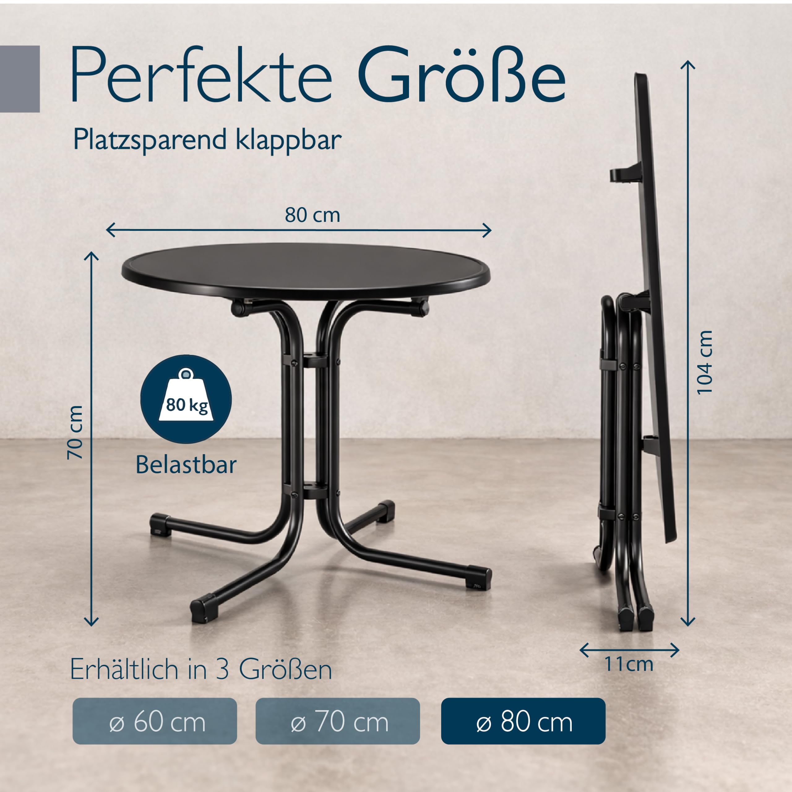 Beautissu Bistrotisch Outdoor Rund Ø 80 cm Wasserfest – Beistelltisch Balkontisch Wetterfest Gartentisch Rund Klappbar 70 cm hoch – Campingtisch Partytisch Esstisch Gastro – Schwarz Bistroni