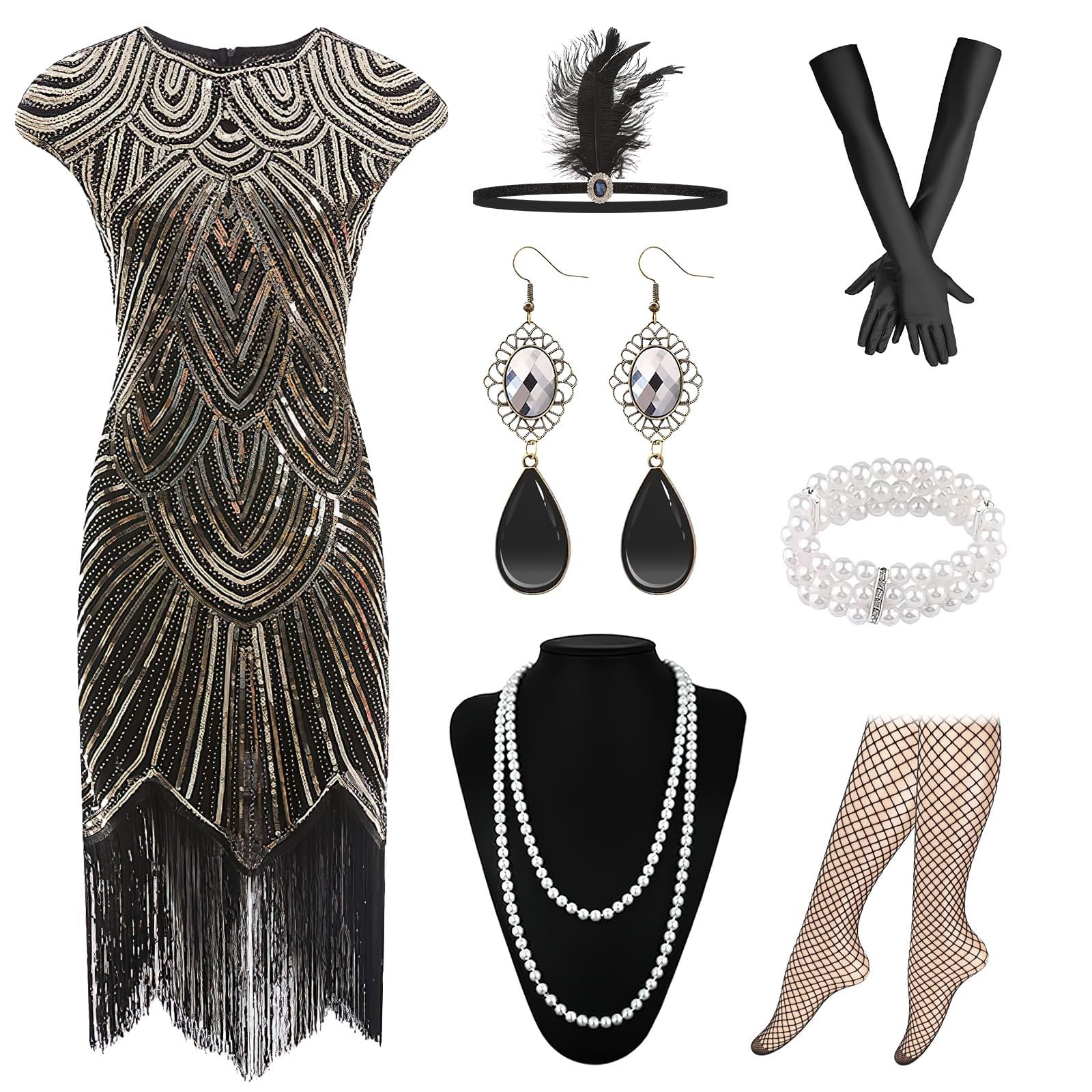 XJGQZ 1920s Flapper Dress, 8-Piece Cap Sleeve Roaring 20s Costume Sets | Size-XL; Gold Color Vintage Theatrical Outfits; Headband Necklace Gloves; Roleplay Cabaret Wear