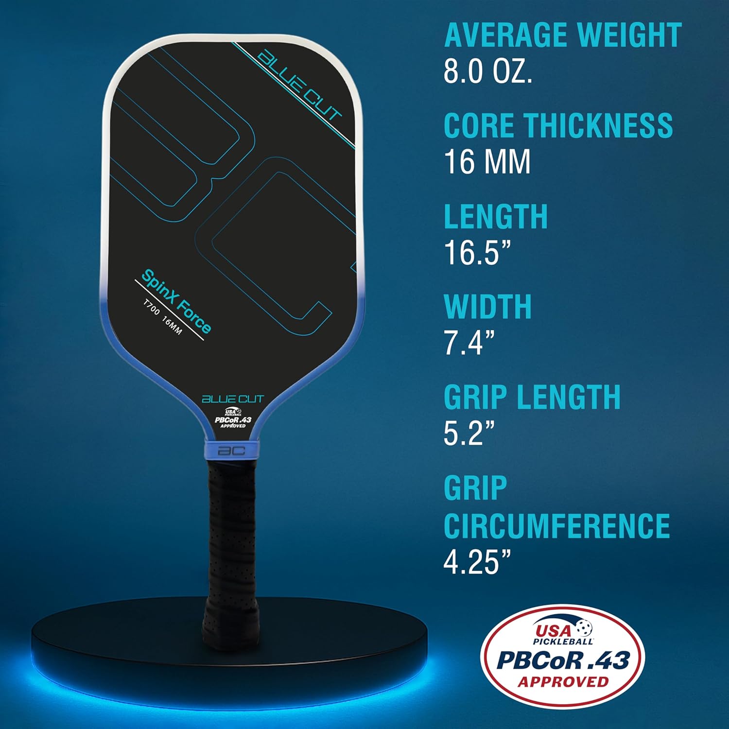 Blue Cut Pickleball Paddle – USAPA Approved Pickleball Paddles Racket with T700 Carbon Fiber, 16mm Honeycomb Core, Spin Surface, Pro Power Speed & Control – Includes Carry Bag - Image 5