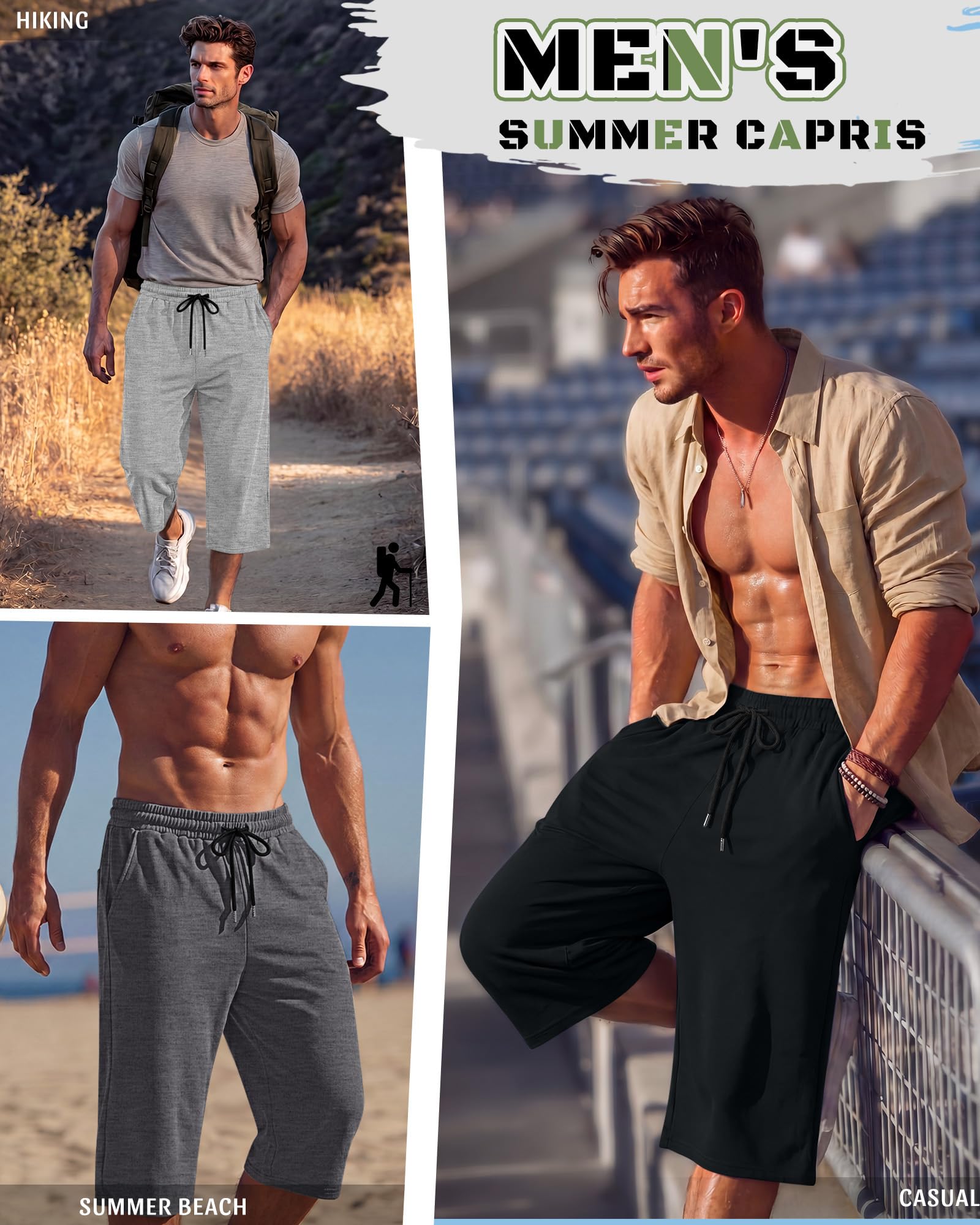 Neer Paquete de 3 pantalones capri holgados para hombre, talla grande, por debajo de la rodilla, casuales, 3/4, pantalones cortos grandes y altos, pantalones de verano con cordón y bolsillos