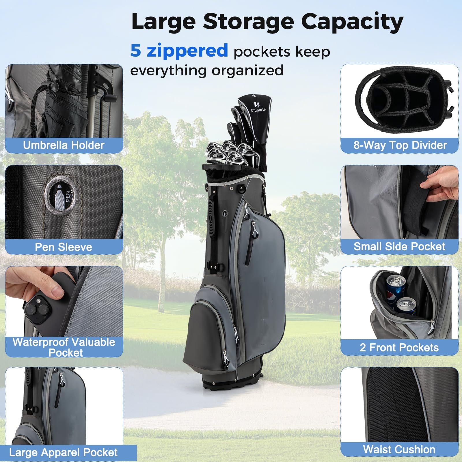 LIFEZEAL Komplettes Golfset für Herren, Golfset tragbar rechts, Stativtasche mit 7 Fächern, Putter, 3 Holz: Driver #1, Fairway #3, Hybrid #4, 5 Nadeln: #6, #7, #8, #9, Pitching Wedge