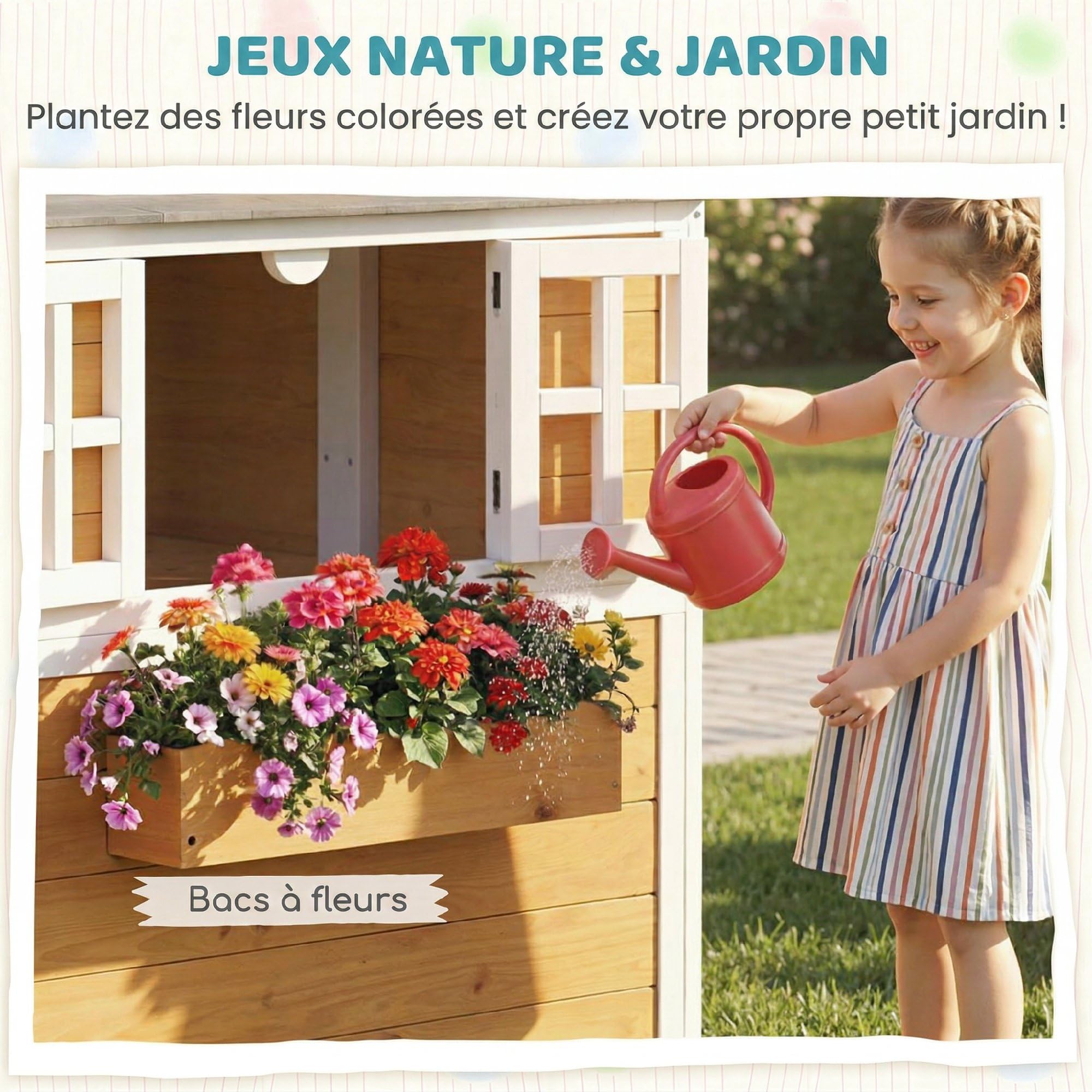 AIYAPLAY Kinderhütte für den Außenbereich, Holz, 3-6 Jahre, 125,5 x 119 x 126 cm, Gelb | Kinderhaus für Außen/Innen, Tür, Fenster, 3 Blumenkästen, wetterfest, Spielhaus
