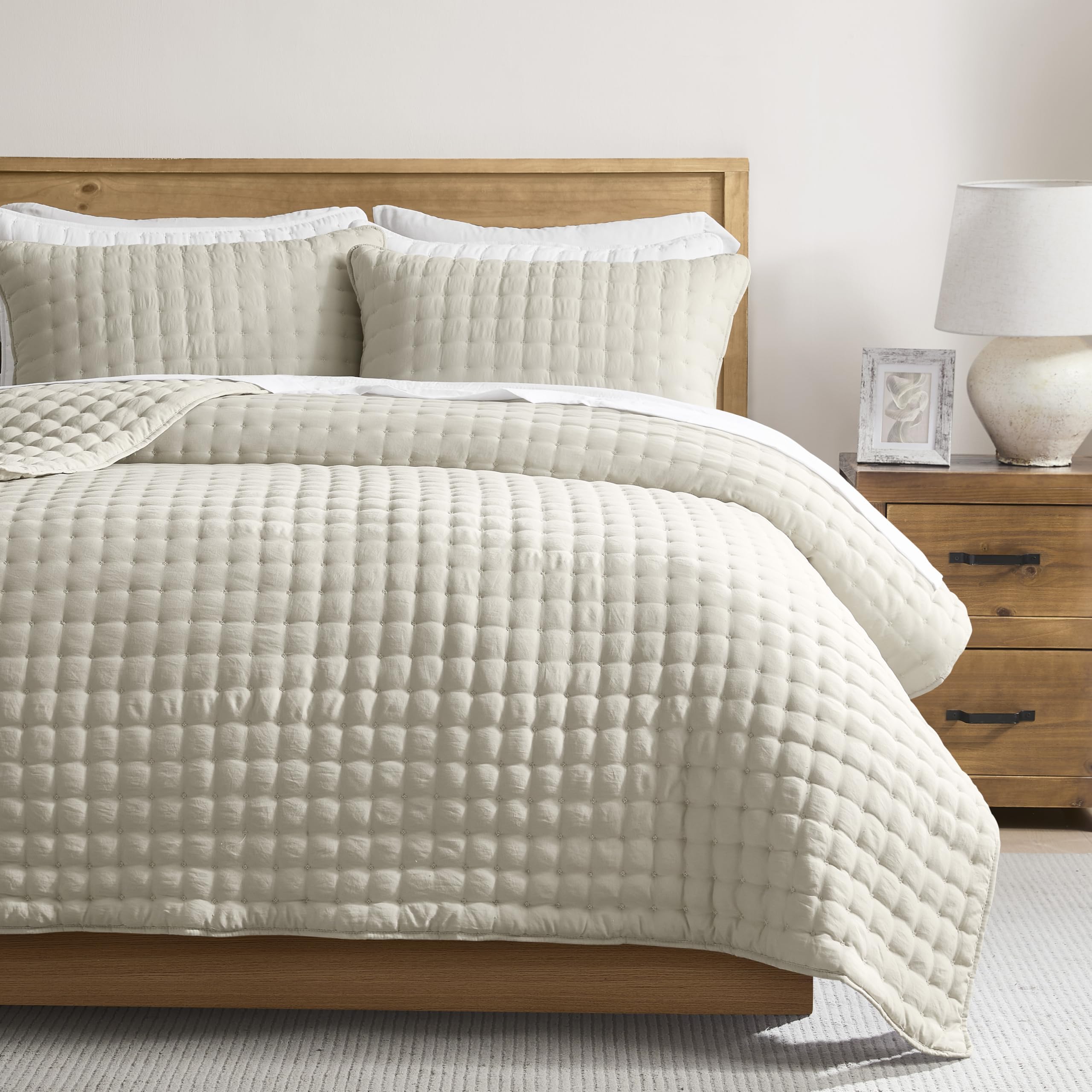 WDCOZY - 3-Piece Bedding Set, Lightweight Quilted Bedspread with 2 Pillow Shams, Soft Coverlet for All Seasons, 294 x 269 cm, California King, Beige