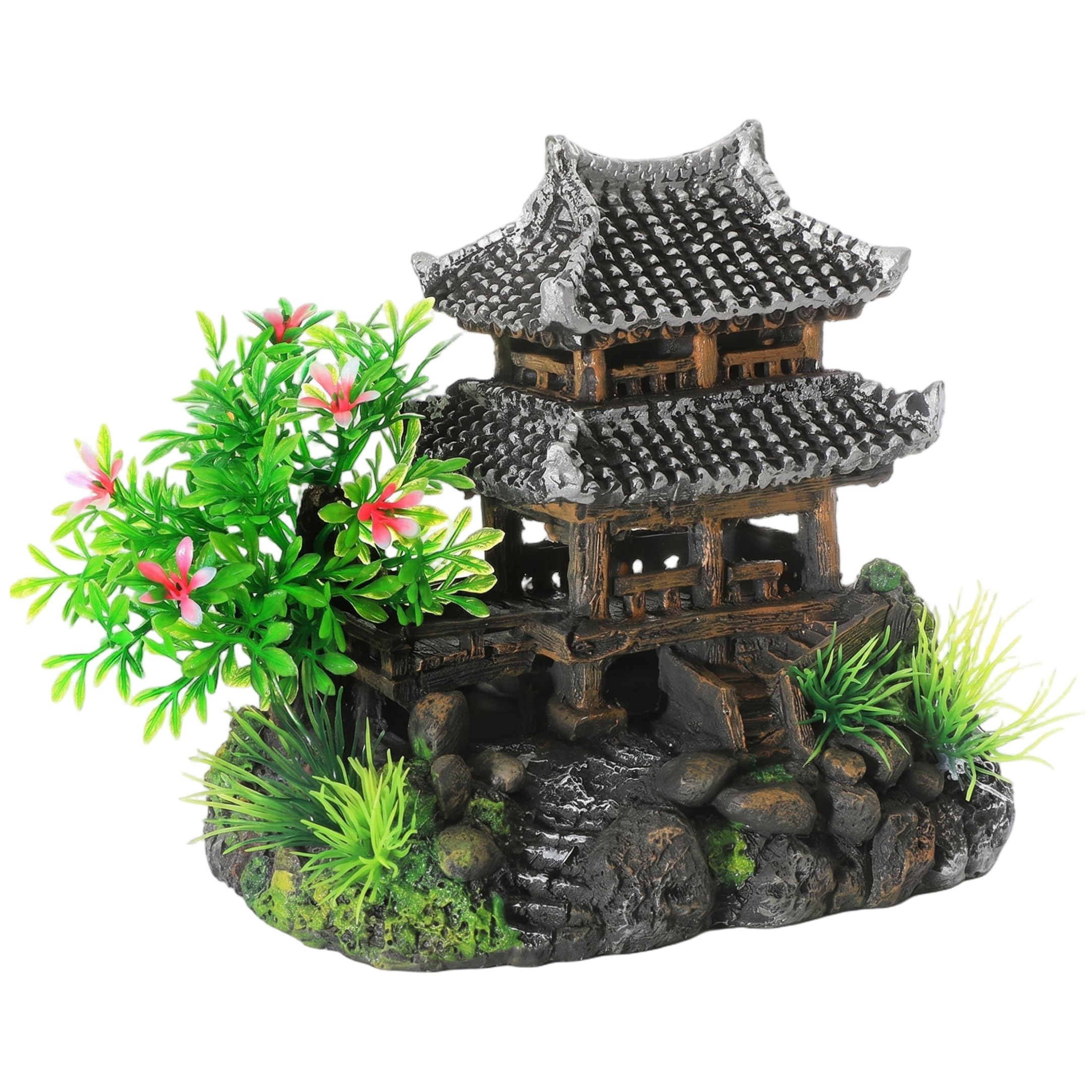 Ameble 7x4x6 Inch Chinese Pavilion Aquarium Castle, Resin Rockeries and Green Plants Fish Tank Decor, Thematic Ornament for Betta, Shrimp, Unique Underwater Hideout