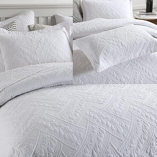 Brandream Juego de edredón de 5 piezas, color blanco, de algodón, tamaño Queen, juego de colcha de Matelasse de lujo