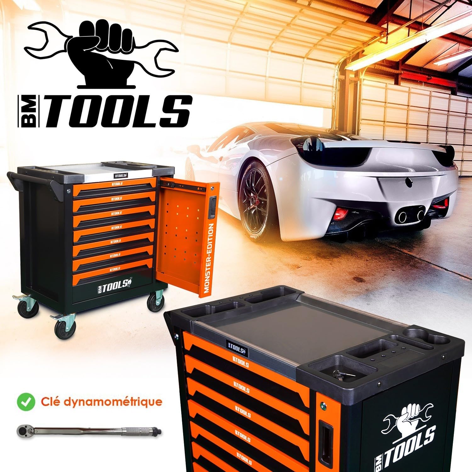 BM TOOLS Servante d'atelier 9/7 Monster-Edition-Orange 7 tiroirs Pleins, 1 Porte & 1 tiroir Vertical - 257 Outils, sur roulettes