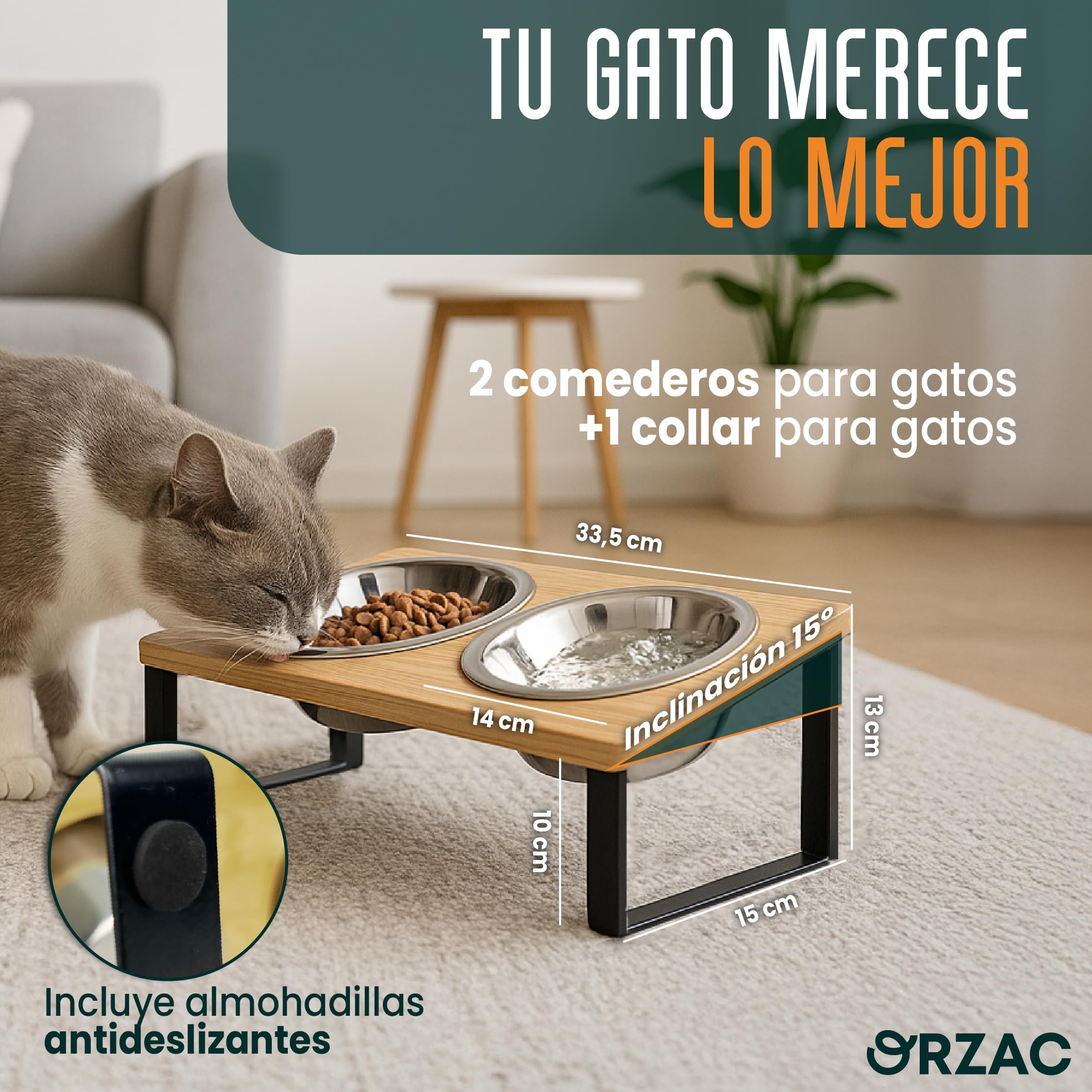 Comedero Elevado para Gatos con 2 Cuencos INOX 400 ml – Bambú Natural Antivuelco – Plato Gato Ergonómico Que Mejora Postura y Digestión + Collar de Regalo