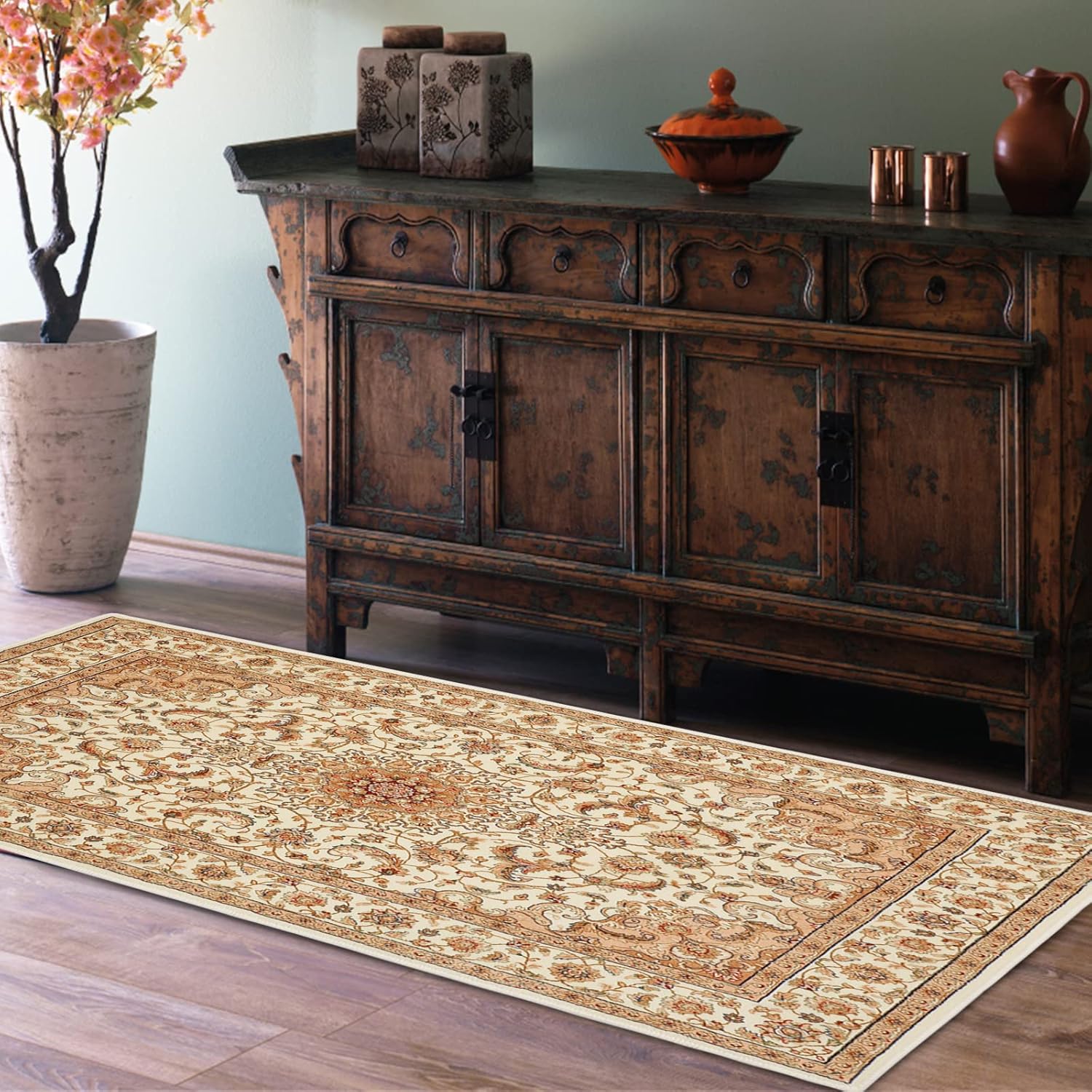 COMSLE Boho Area Rug, 2' x 4' Machine Washable Rugs for Entryway Faux Wool Small Rugs Distressed Throw Rug Non-Slip Floor Carpet for Indoor Bedroom Kitchen Living Room Cream/Beige-2