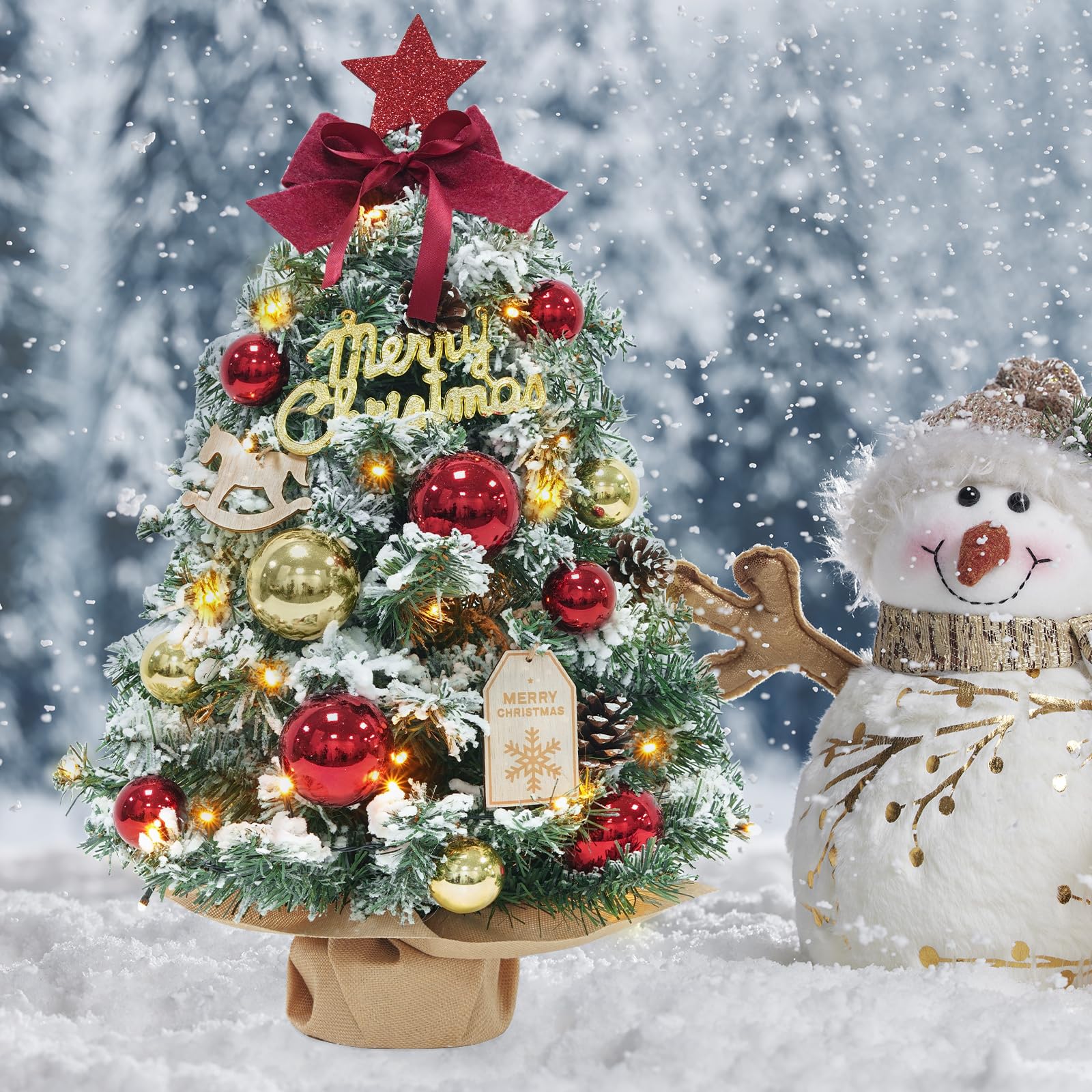 DEWUR Mini albero di Natale piccolo con illuminazione da tavolo a LED, piccolo albero di Natale decorato artificialmente, per decorazioni natalizie (60 cm, rosso con oro), F08-F11