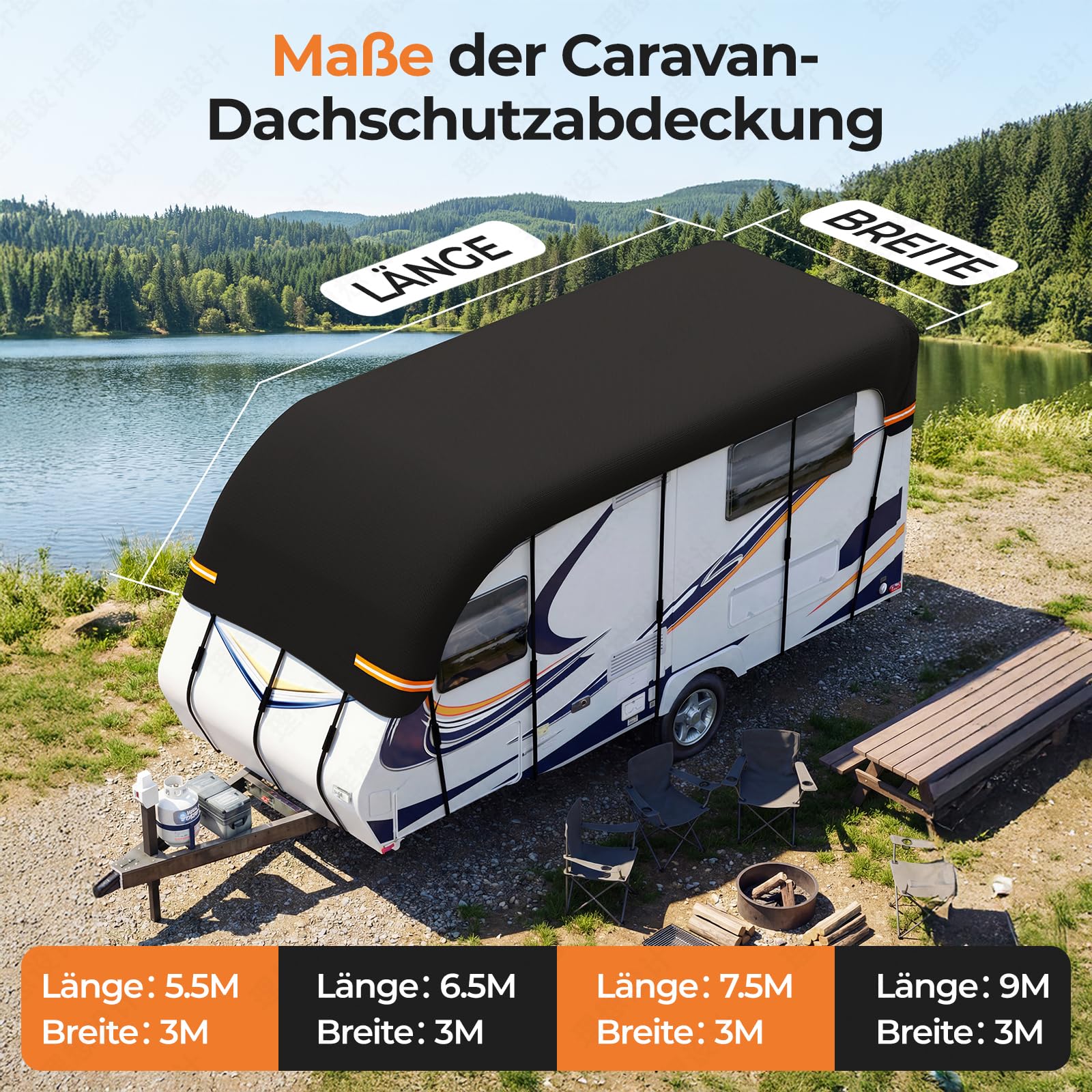 Wohnmobil-Abdeckungen, Wohnwagen-Abdeckung, wasserdicht, schützende Dachabdeckung, universell für Sommer, Frost, UV-Schutz, 210D Oxford-Tuch mit reflektierenden Riemen, für Wohnmobilreisen, 7,5 x 3 m