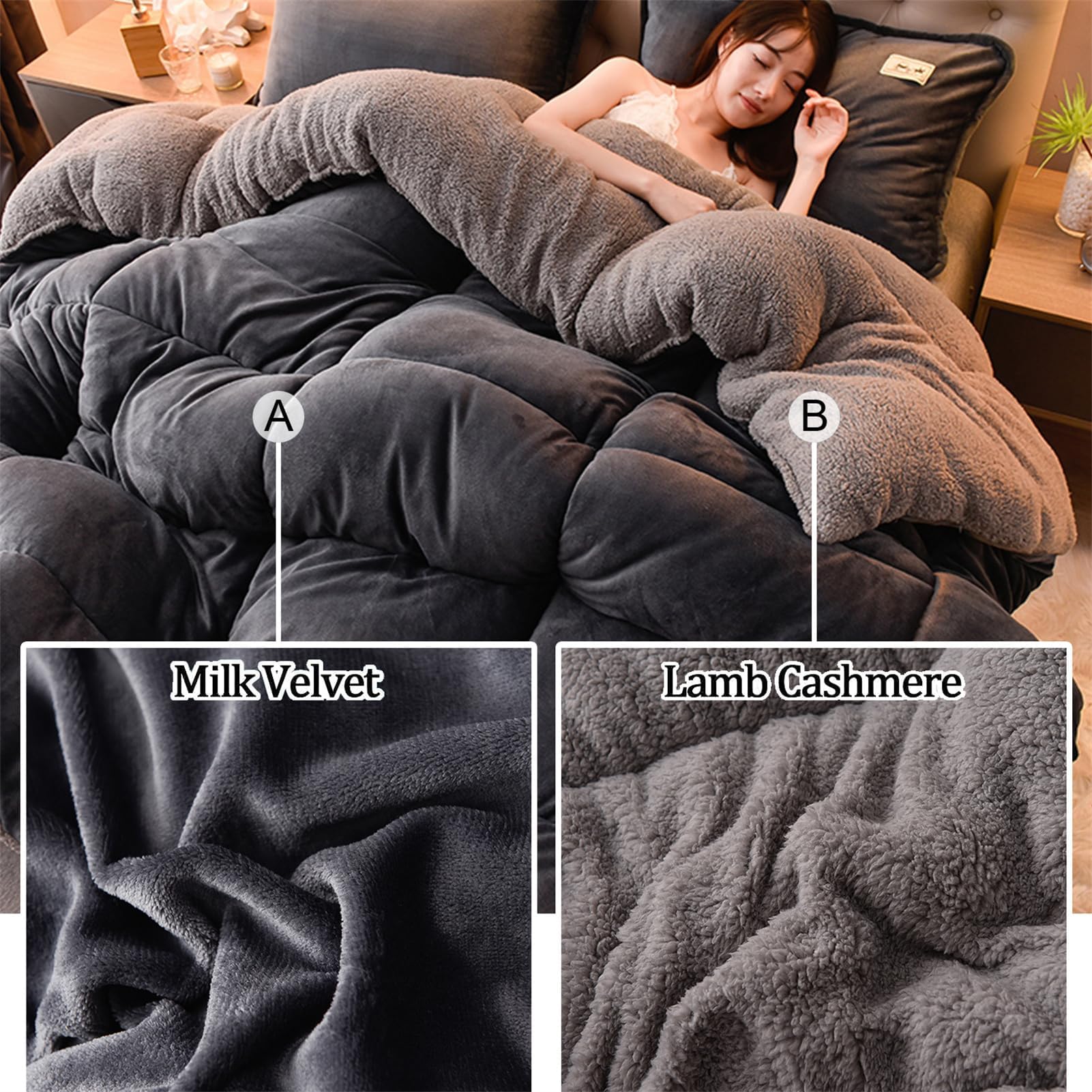 Dicke Bettdecke, Winter Steppdecke, Dicker Lamm-Kaschmir, Doppelseitige Samt Decke, Flauschige Kaschmir-Steppdecken, Winterwarm, Kern Aus Lammsamt, Plüsch Winterdecke (Dark grey,200x230cm - 4KG)