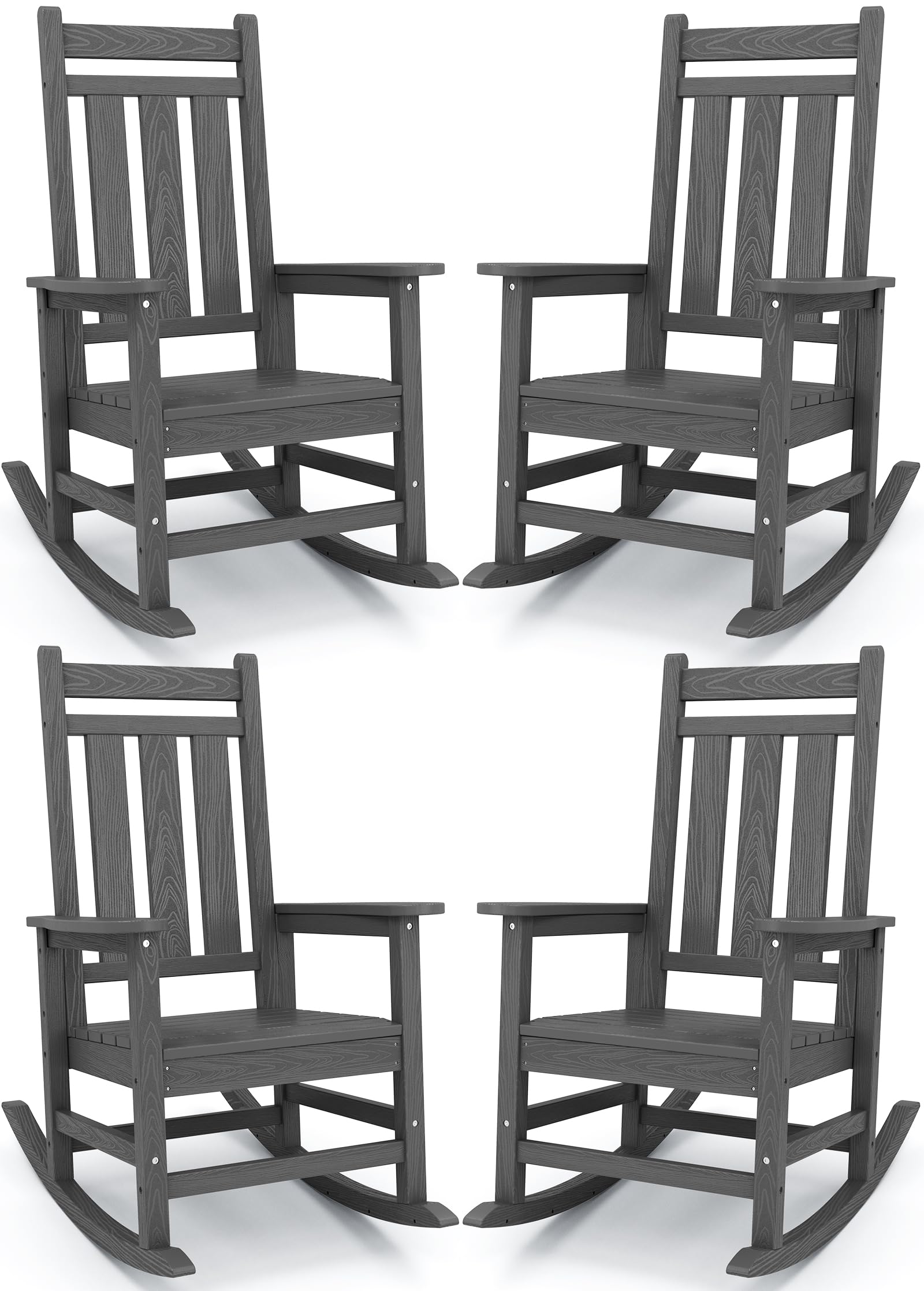 KINGYES Outdoor Rocking Chair Set of 4, All-Weather Patio Rocking Chairs for Porch, HDPE Rocking Outdoor Chairs with High Back for Adult, Heavy Duty Outdoor Patio Rockers for Garden, Lawn, Gray