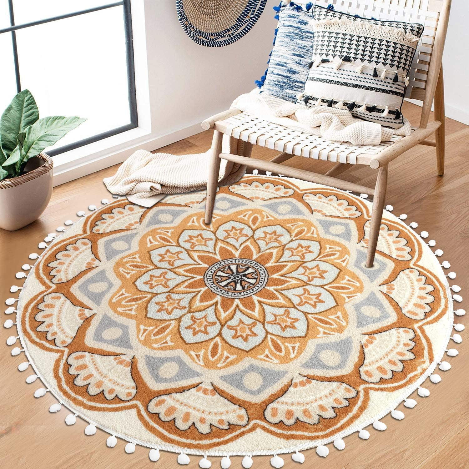 Uphome Round Rug 4ft Yellow Circle Boho Rug with Pom Pom Fringe Non-Slip Washable Soft Cute Blooming Mandala Throw Rug for Kid's Room Bedroom Entryway