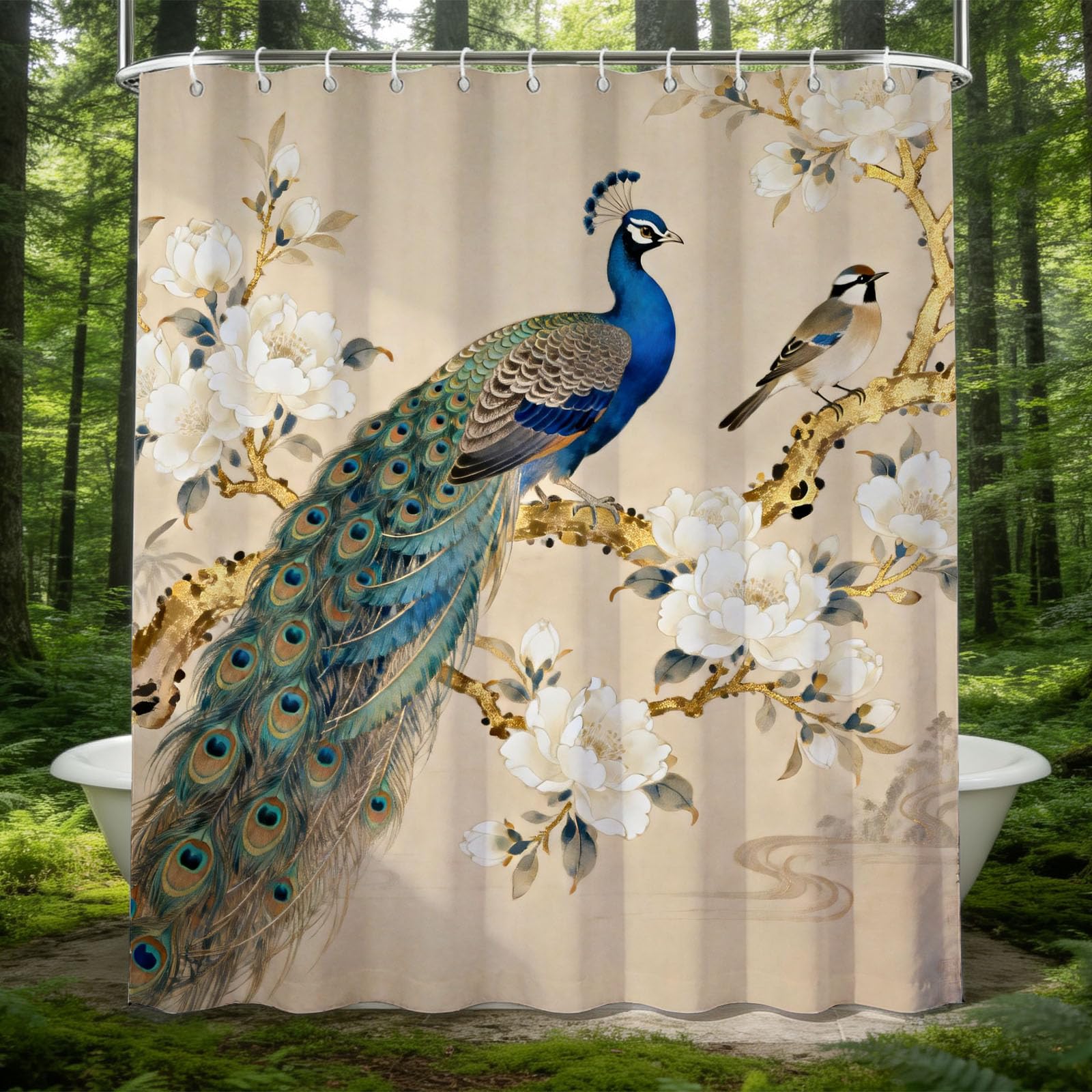 Hongduo White 3D Peacock Shower Curtain For Stalls Bathtubs Chic Bathroom Decor Shower Curtain Set Polyester Fabric Waterproof 180X200cm/71X79 Inch With Hooks