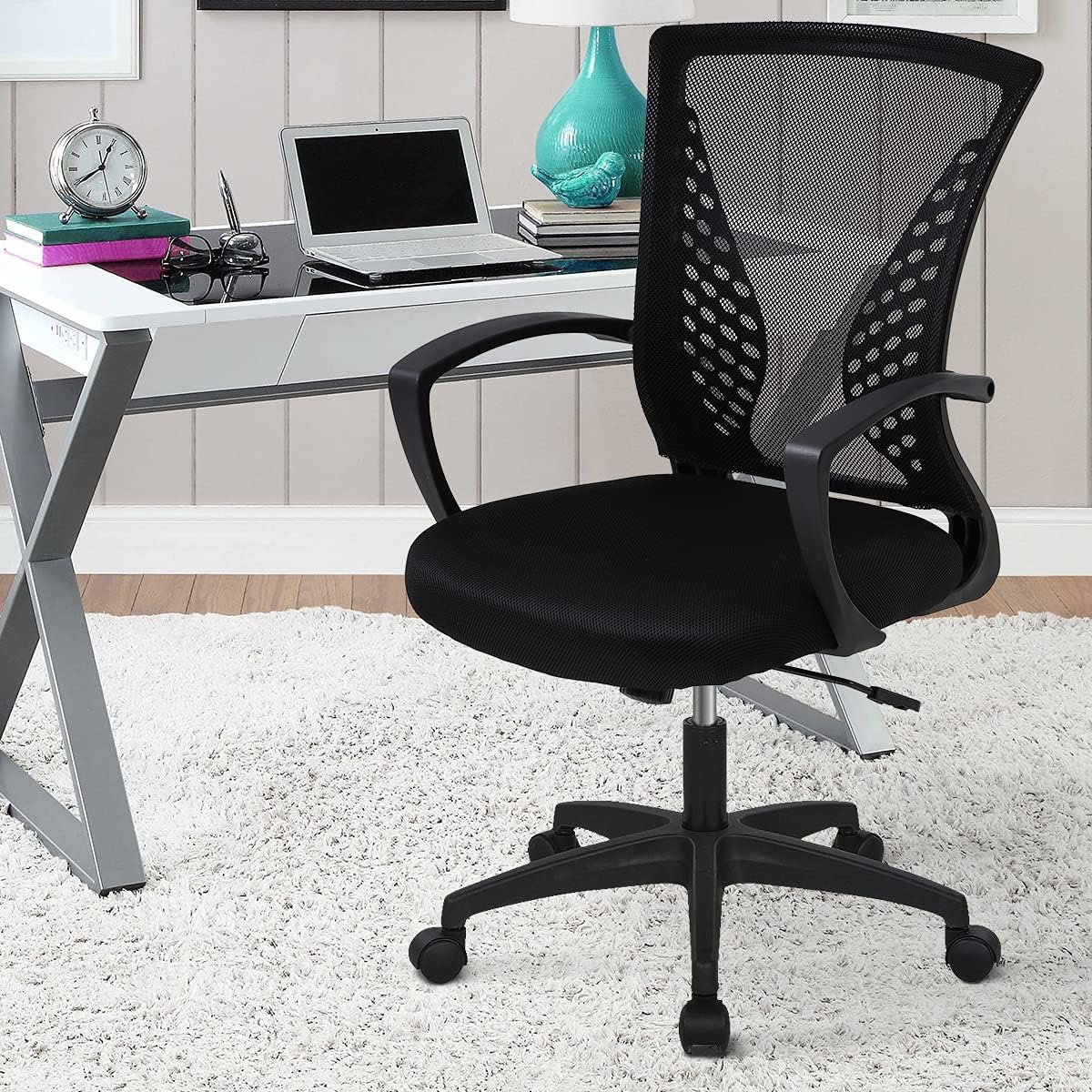Ergonomic Office Chair Computer Desk Chair Mid Back Mesh Chair with Lumbar Support & Armrest, Adjustable Height Swivel Task Chair for Women Men Adult, Black
