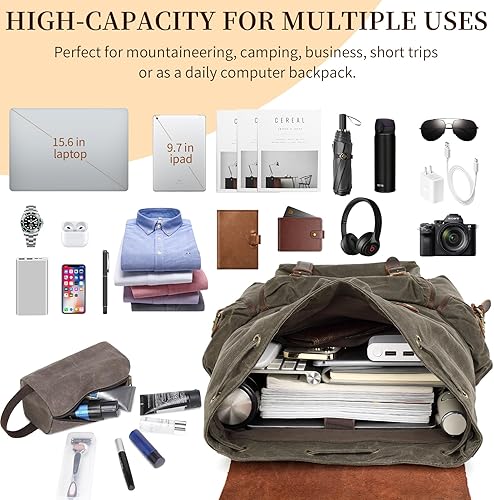 Miniatura 2 de Wogarl Vintage Leather Canvas Backpack, Waxed Canvas Shoulder Rucksack with Toiletry Shoulder Rucksack for Traveling, Camping, Hiking,Business