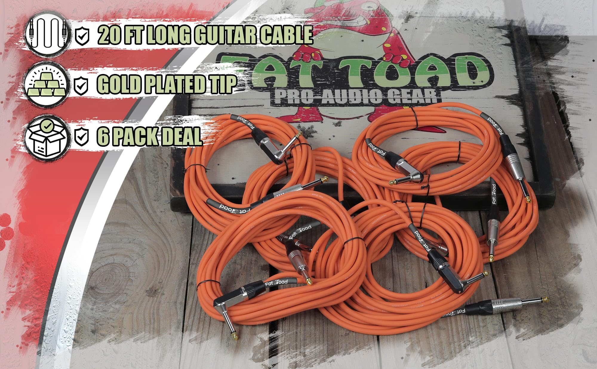 Fat Toad Gitarrenkabel (Orange-PRO-Serie), 6 m, rechtwinklig, 0,6 cm auf TS, gerades Ende, Instrumentenkabel, 20 AWG Draht für Pedale, Bass, Verstärker und Studio, 6 m