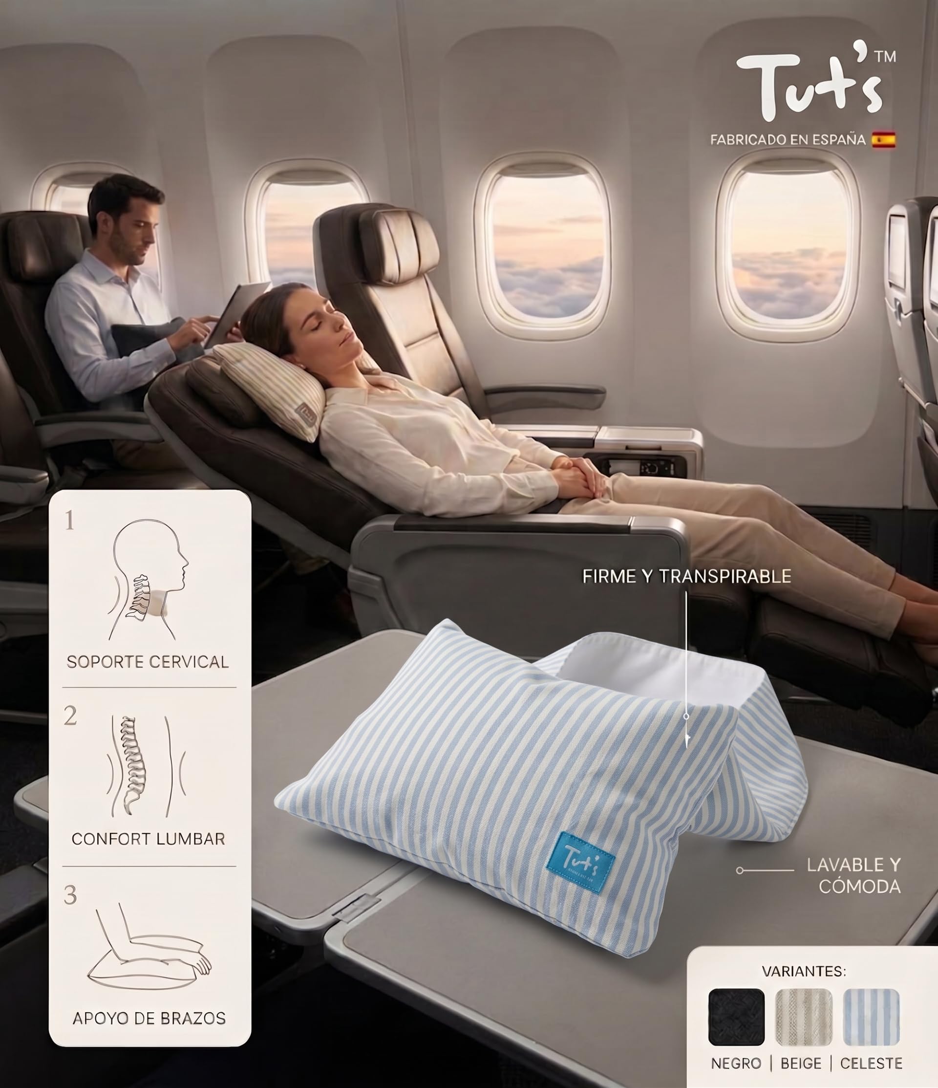 Tut's Almohada de Viaje, Almohada Bandolera Firme, Transpirable y Lavable, Cojín Cervical y Lumbar, Apoyo de Brazos, Adaptable y Regulable – Negro, Beige y Celeste – Fabricado en España (Beige)