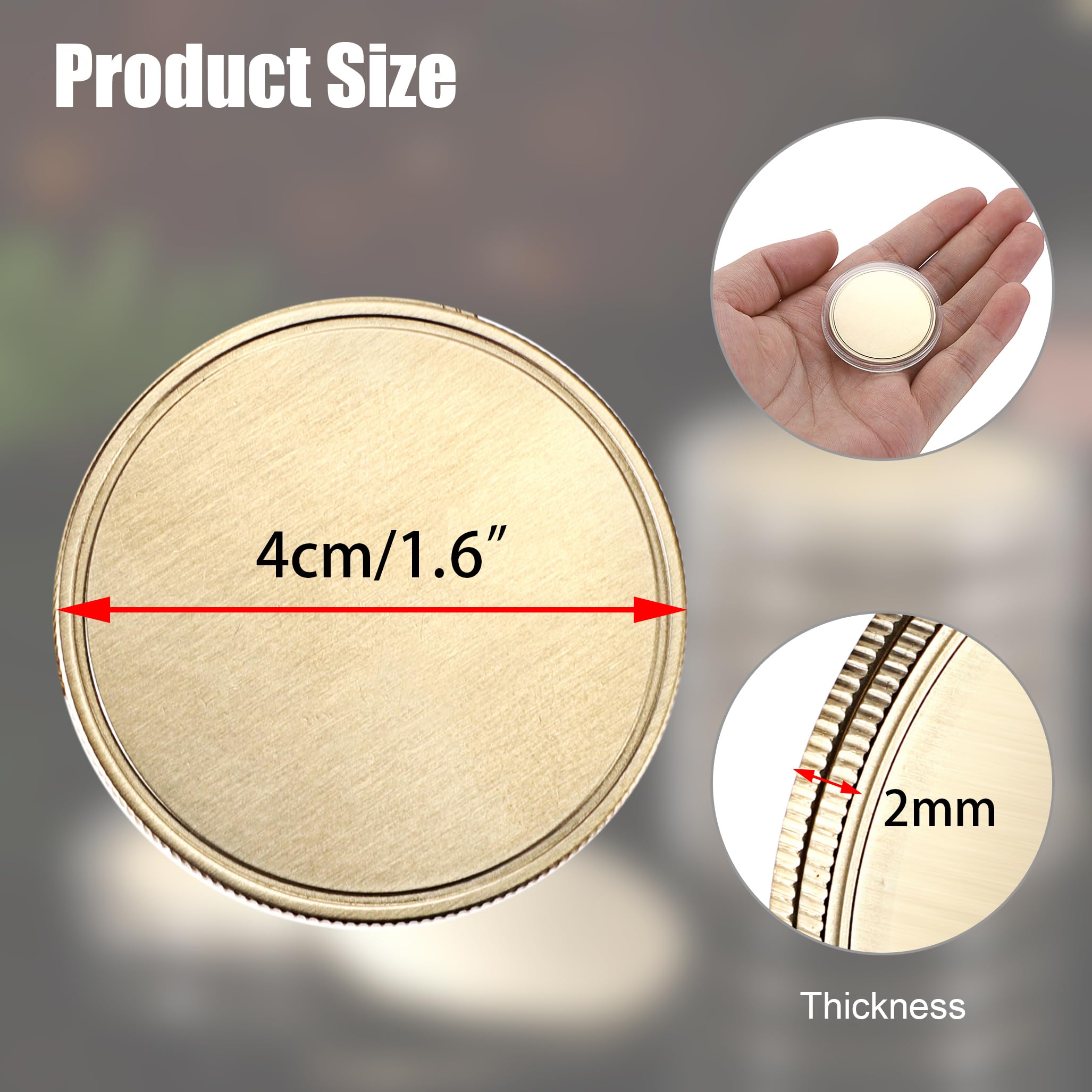 OwnMy 60 monete vuote per incisione laser, 4,1 cm, monete in ottone vuote per timbratura in metallo con scatole di protezione acriliche, collezioni di monete vuote personalizzate per artigianato fai