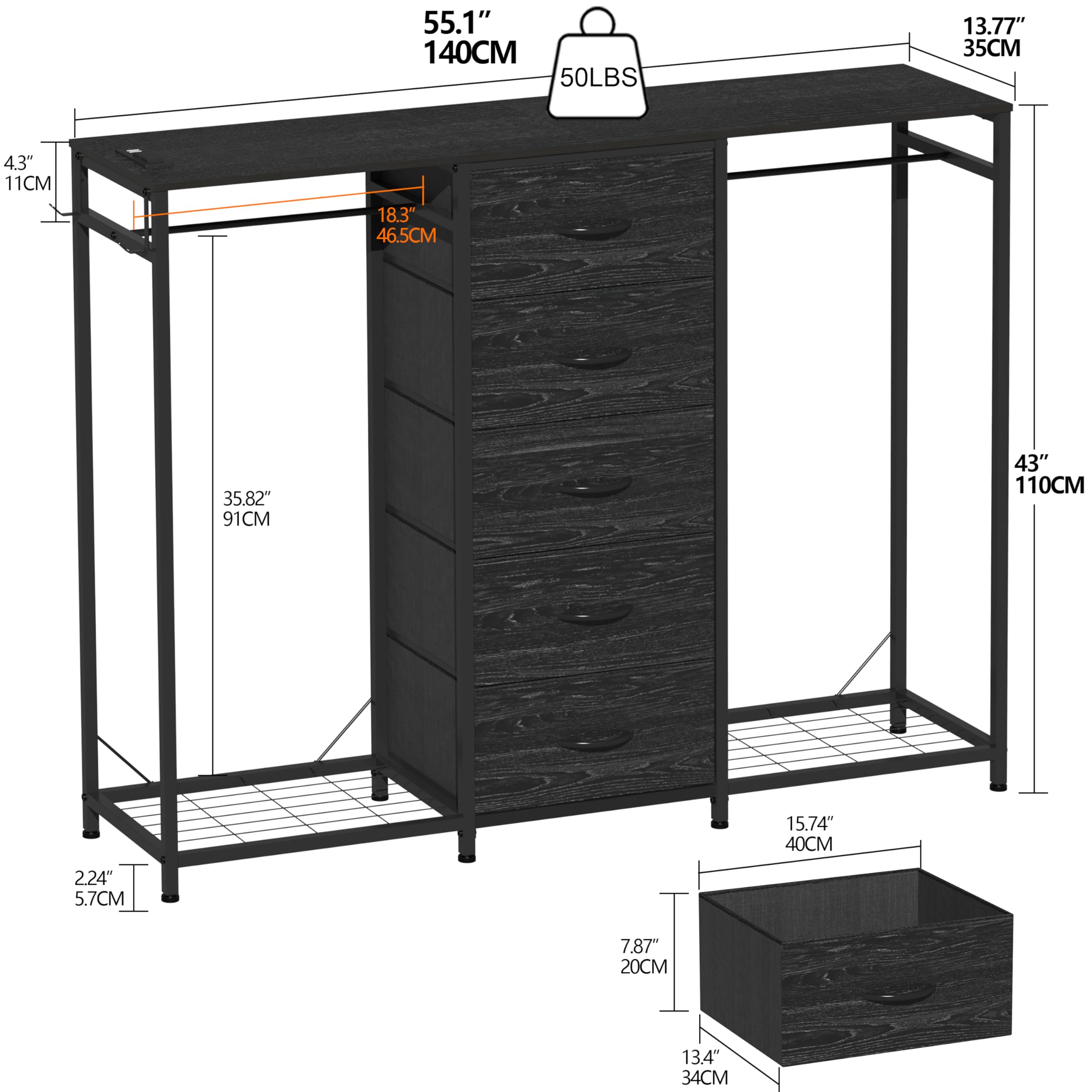 Cómoda para dormitorio con perchero, cómoda de 5 cajones con estación de carga y luces LED, cómoda blanca, estante flexible y espacio de almacenamiento abierto para dormitorio, sala de estar 5