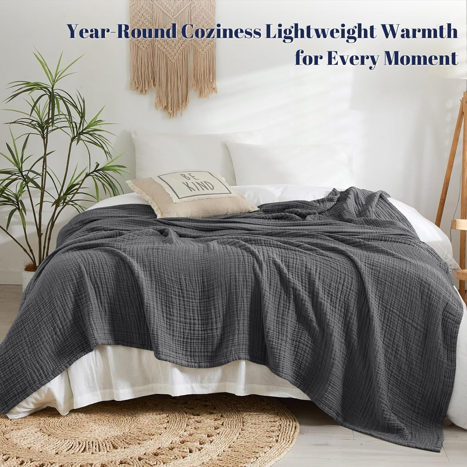 PHF 100% Cotton Muslin Blanket King Size 108"x90", 4-Layer Lightweight Gauze Throw, Breathable Cloud-Soft Minimalist Blanket for Bed, Couch, Camping & Baby, Greyish Black, Ideal Gift - Image 5