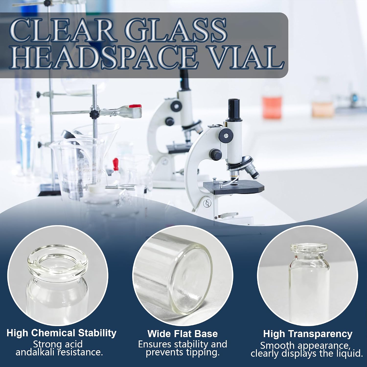 10mL Glass Vials with Cap, 100Pcs Lab Clear Headspace Vials | 20mm Rubber Stoppers, Plastic-Aluminum Flip Caps, GC Headspace Analysis, Pack of 100