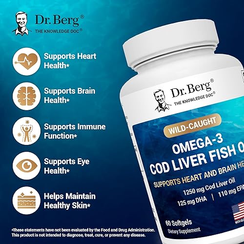 Miniatura 3 de Dr. Berg Aceite de pescado de hígado de bacalao omega-3 de máxima fuerza (1250 mg) de bacalao capturado en la naturaleza - Aceite de pescado omega-3
