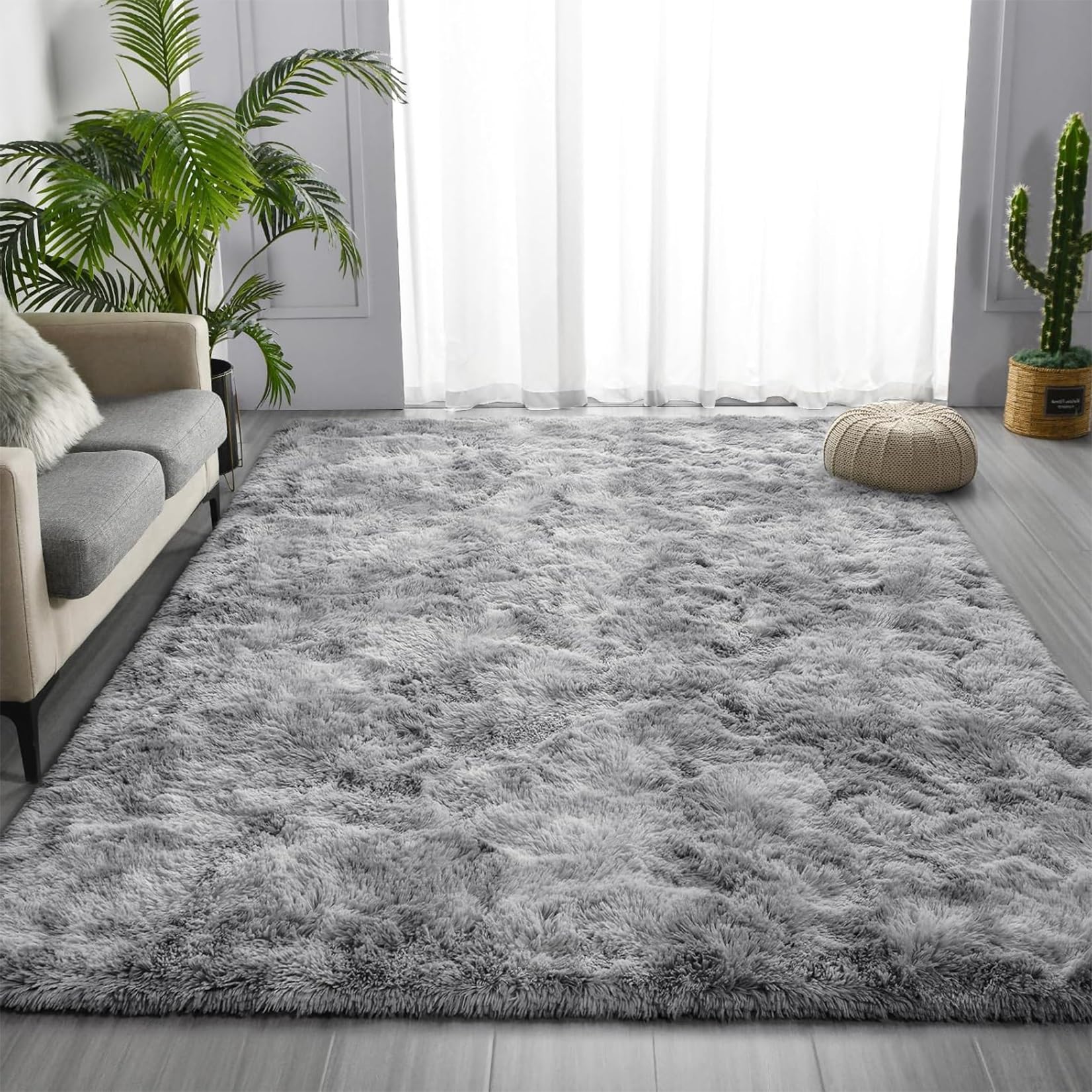 Tapis shaggy antidérapant grand confort en poils longs gris clair