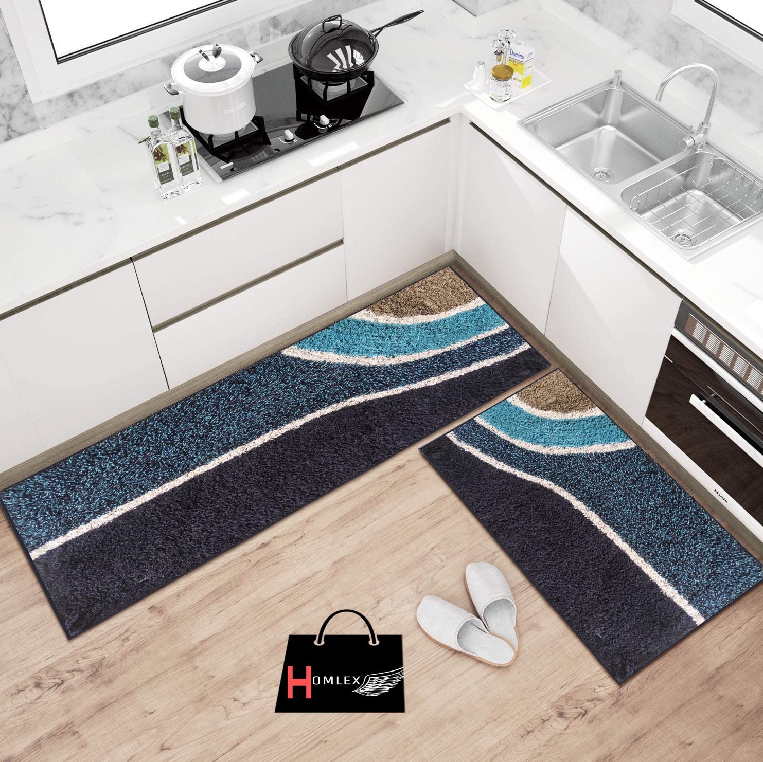 HOMLEX | 2 Kitchen Mat, Floor Mat, Set Large Size 42cm×120cm, 40cm×60cm, Cotton (Multicolour) Stylish Design Mat