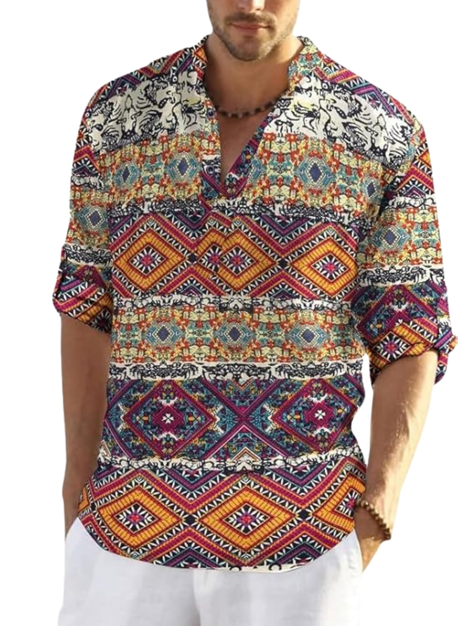 Men's Cotton Blend Full Sleeve Printed Short Kurta with Mandarin Collar Crafted from a Premium Cotton Blend