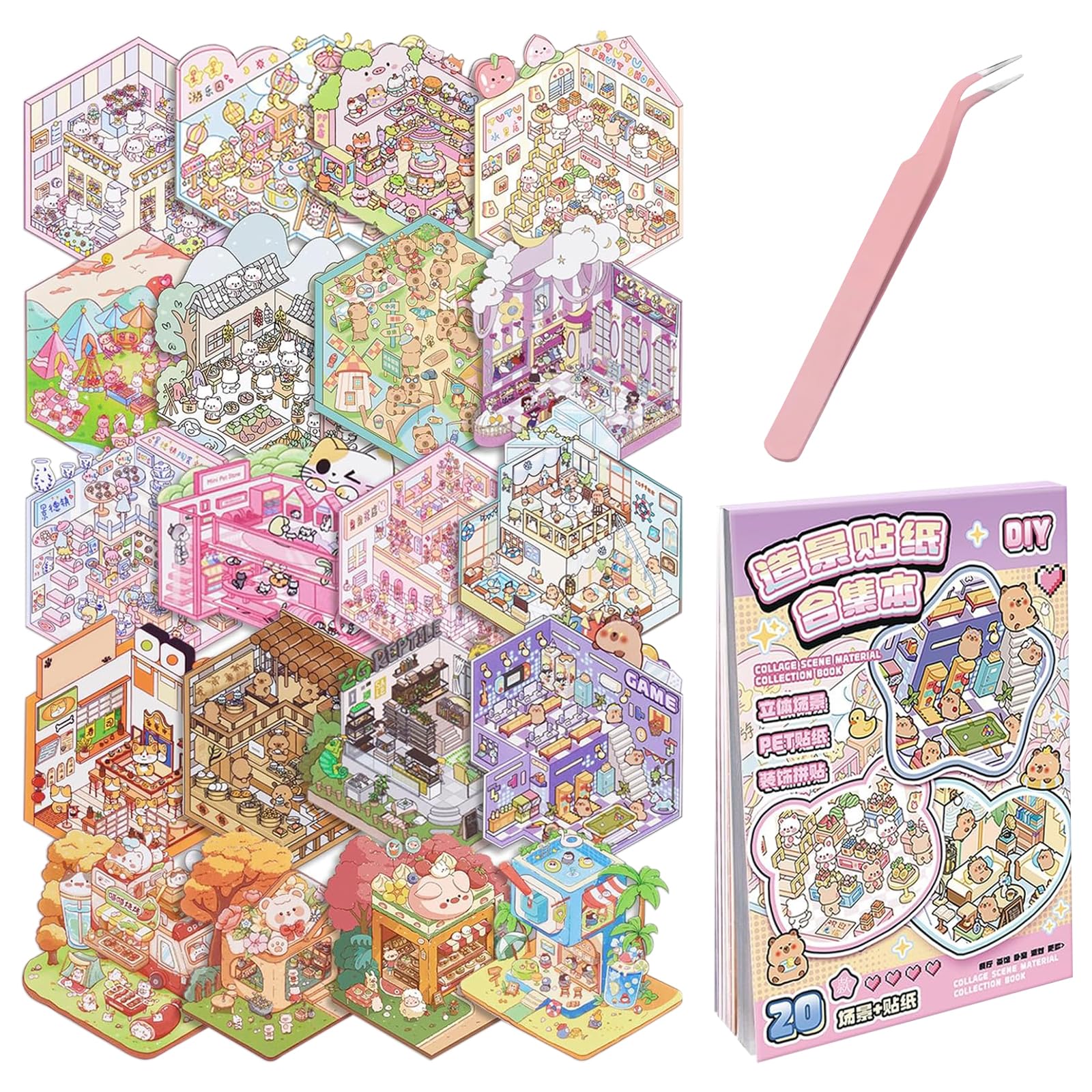 20 Sets DIY 3D House Stickers Scene Kit, 3D Miniature Scene Sticker Book, Stress Relief Creative Sticker Book with Tweezers