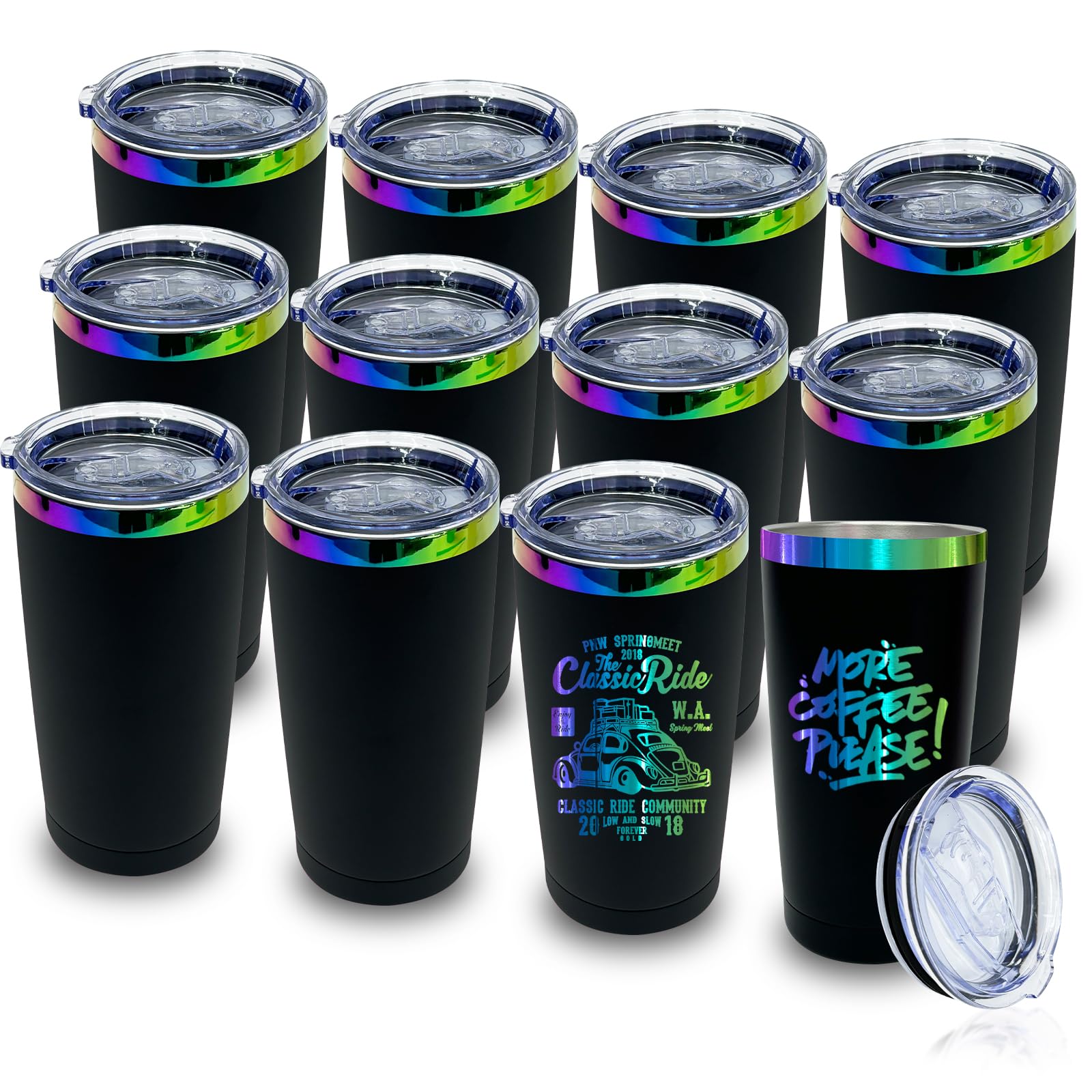 20 oz Tumbler Bulk with Lid and Straw Double Wall Vacuum Insulated Travel Coffee Mug Powder Coated Cup for Hot and Iced Drinks (Black,12 pack)