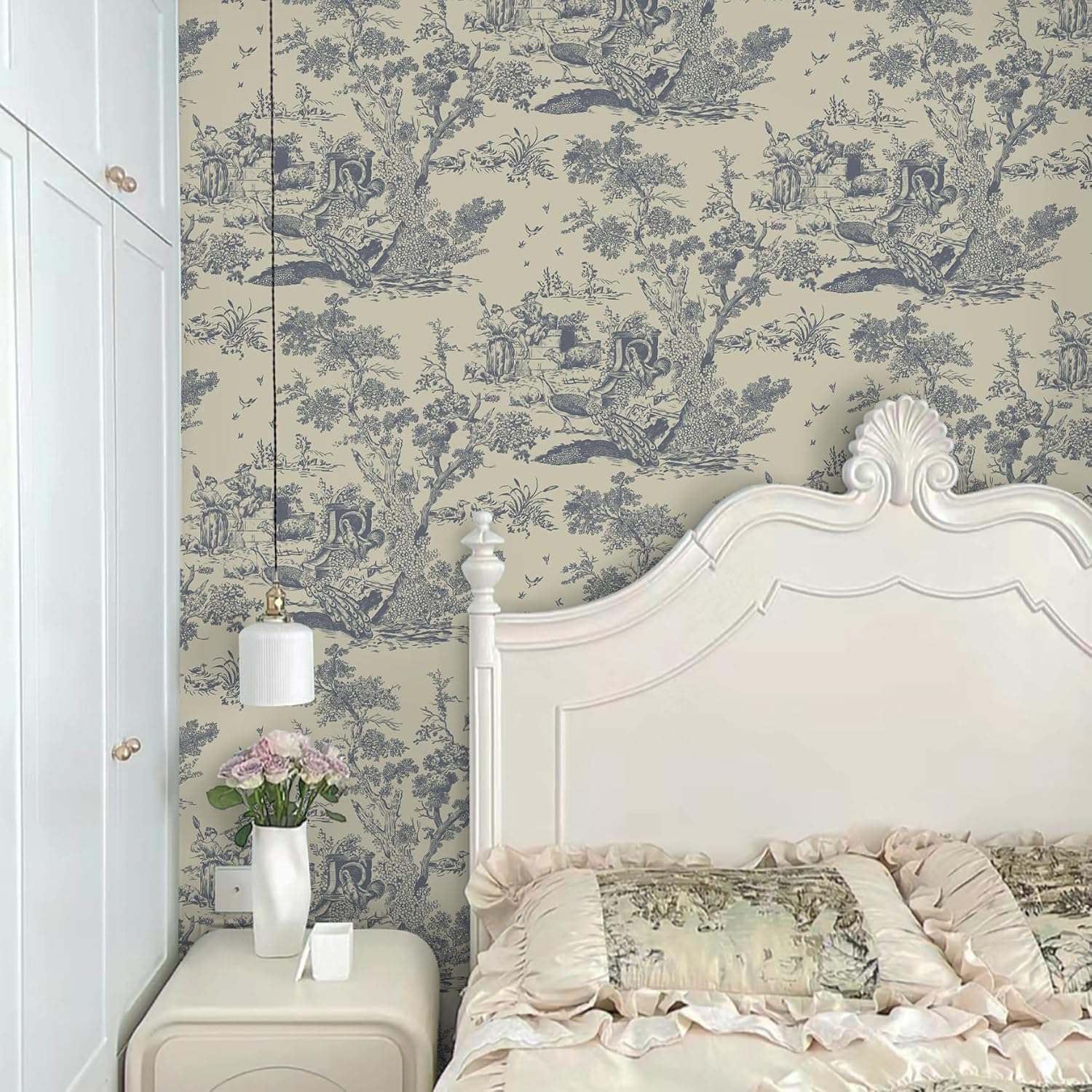 Carta da parati autoadesiva vintage, 41 x 1000 cm, beige e blu, pellicola adesiva con animali, pellicola spessa per mobili, alberi e piante, carta da parati in vinile impermeabile, per camera